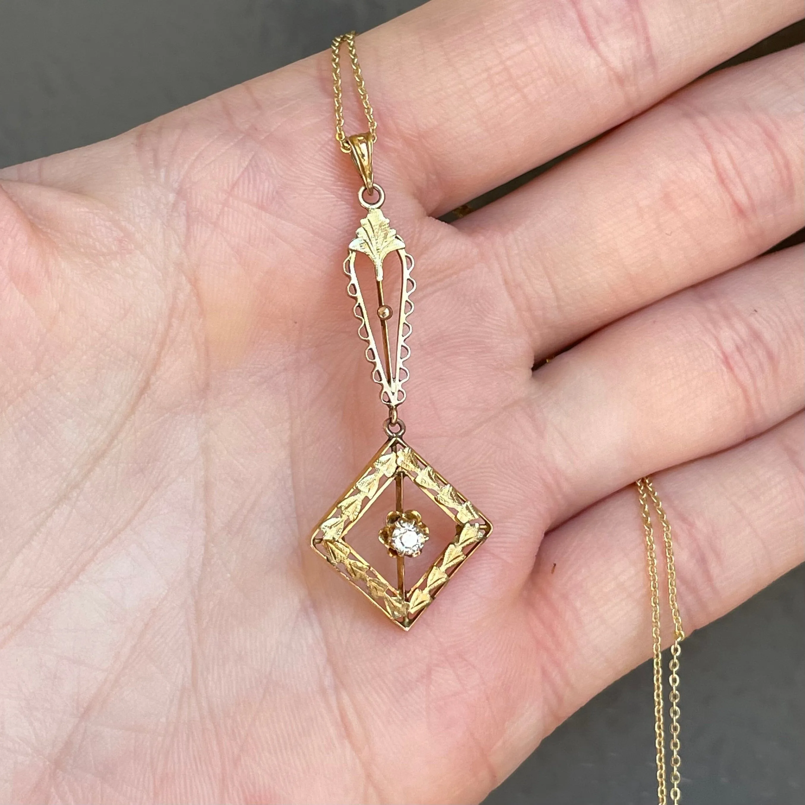 10K Gold Antique Diamond Lavalier Pendant Necklace