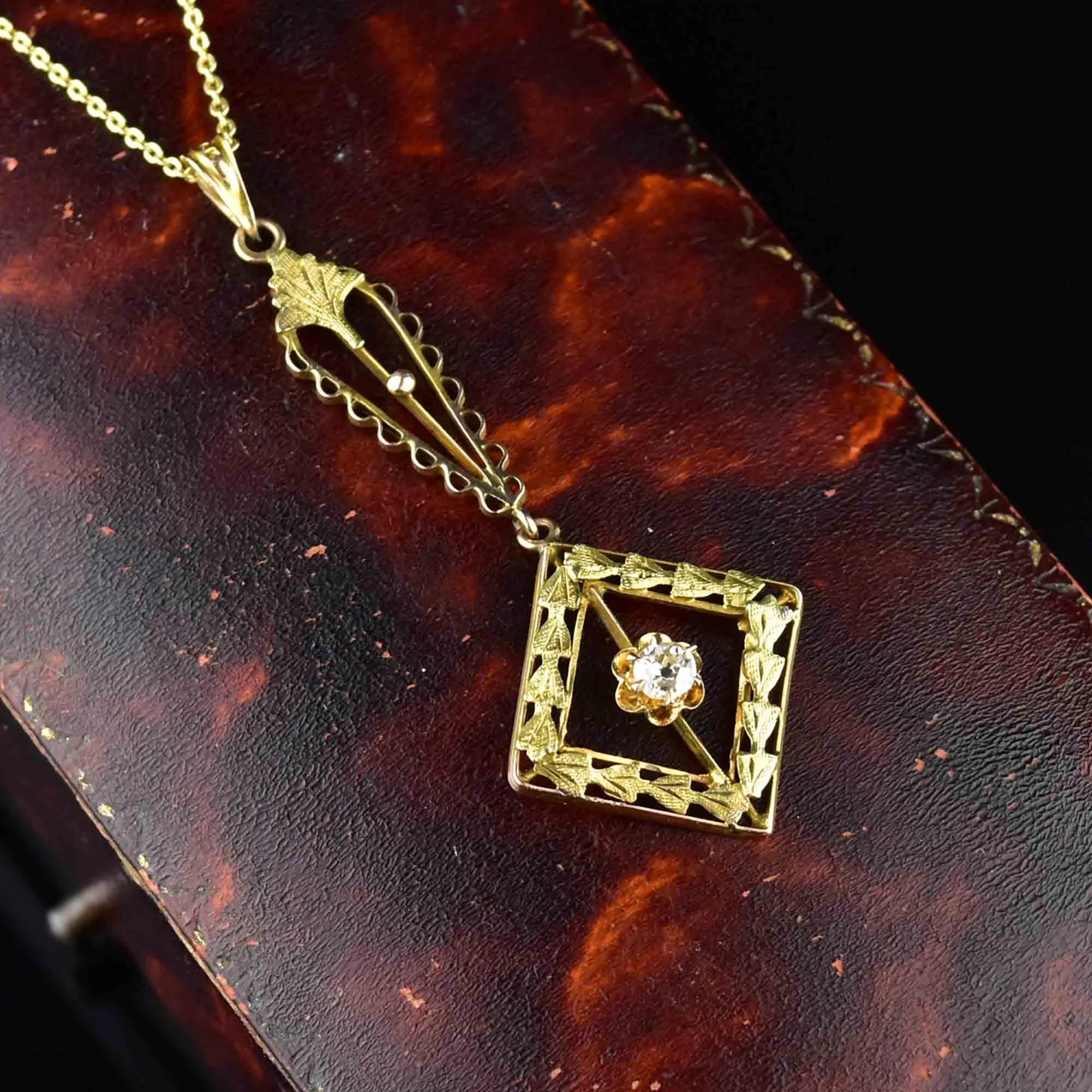 10K Gold Antique Diamond Lavalier Pendant Necklace