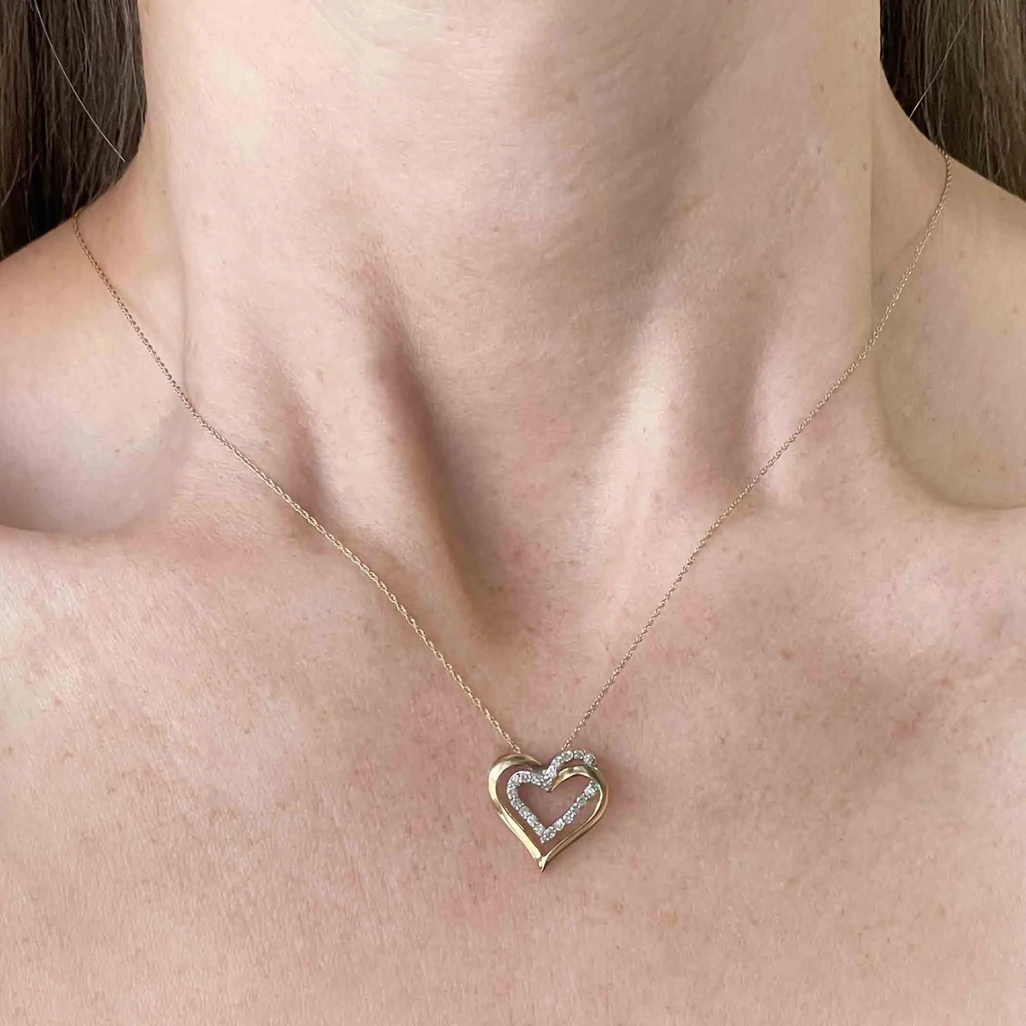 10K Gold Open Heart Diamond Pendant Necklace