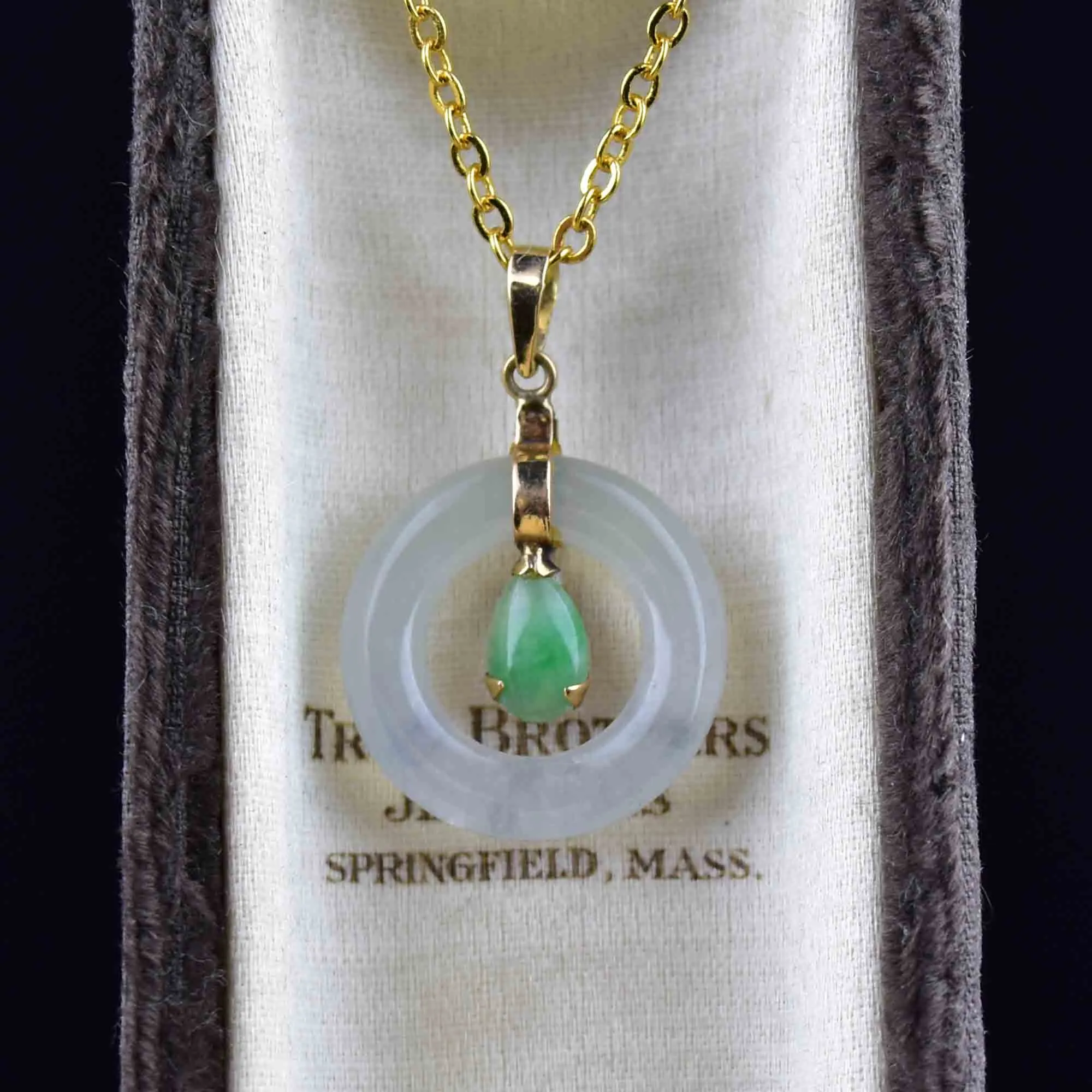 14K Gold Green and White Jade Target Pendant Necklace