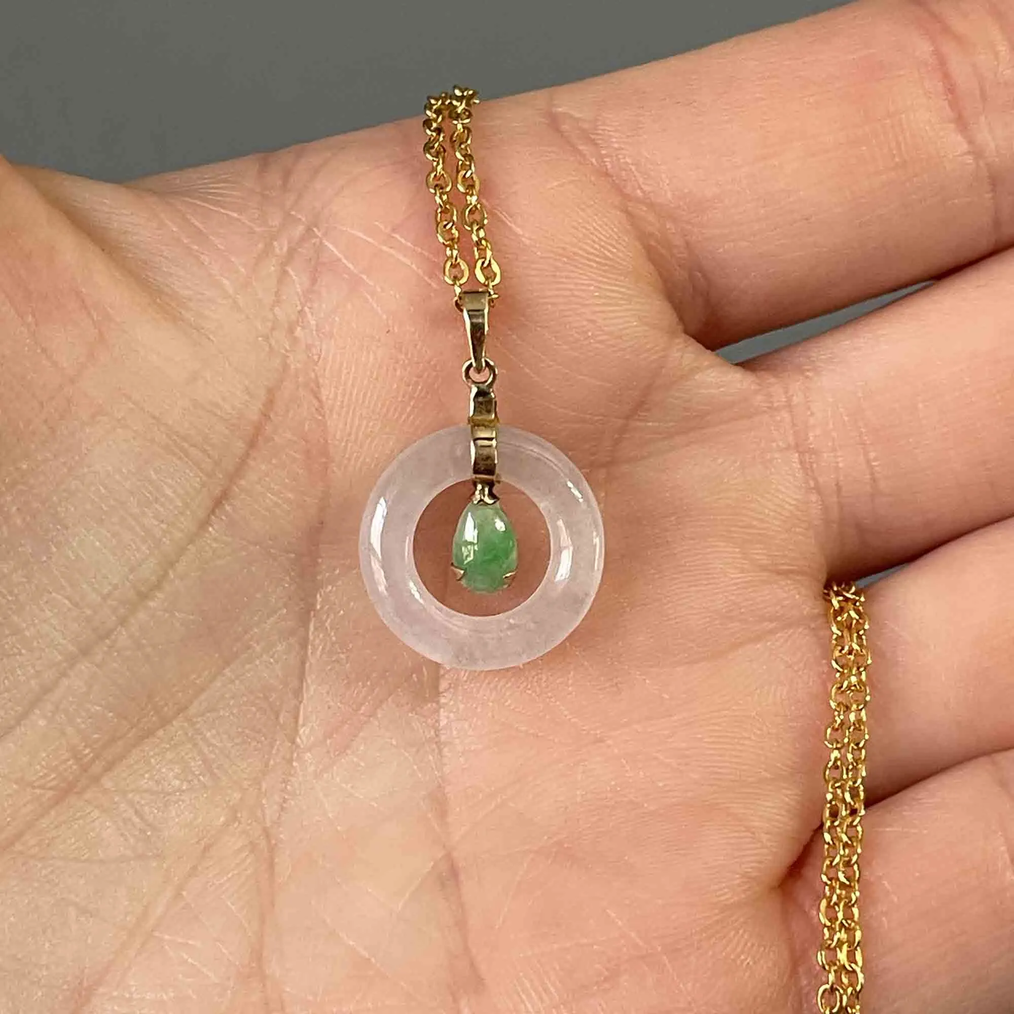 14K Gold Green and White Jade Target Pendant Necklace