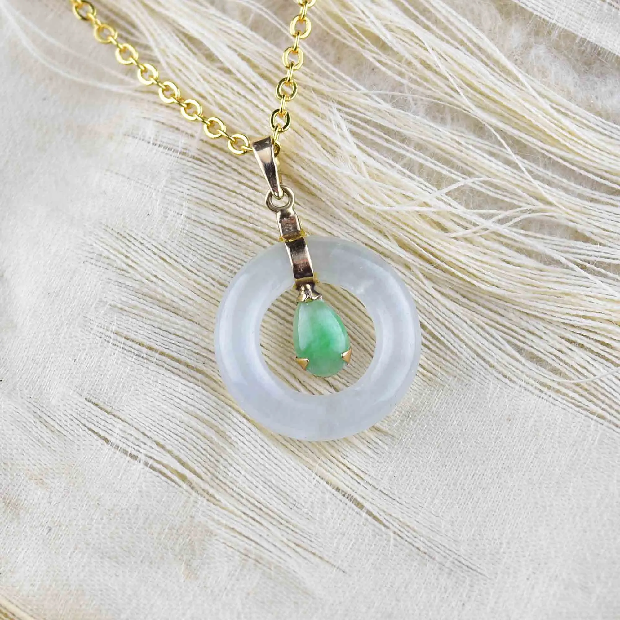 14K Gold Green and White Jade Target Pendant Necklace