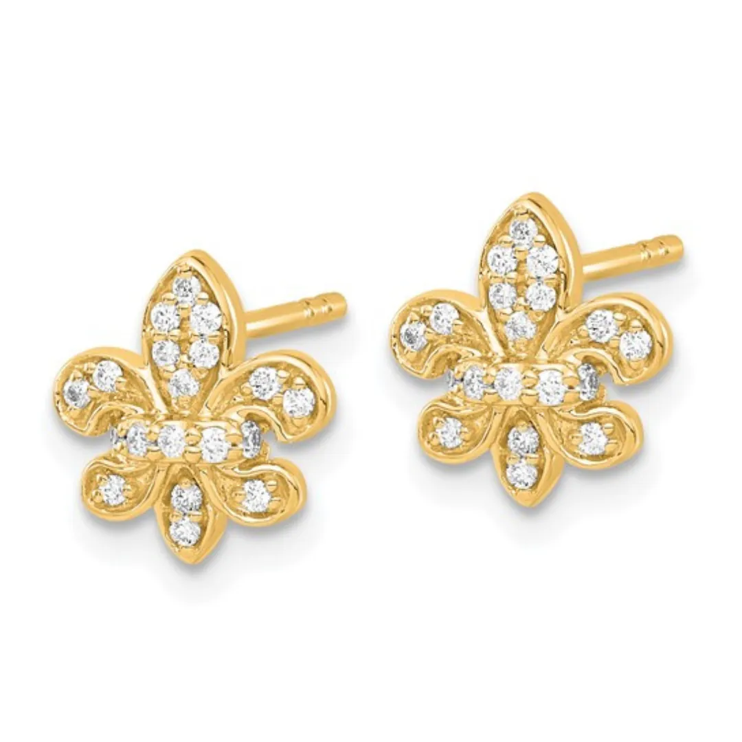 14K Gold Lab Diamond Fleur de Lis Post Earrings