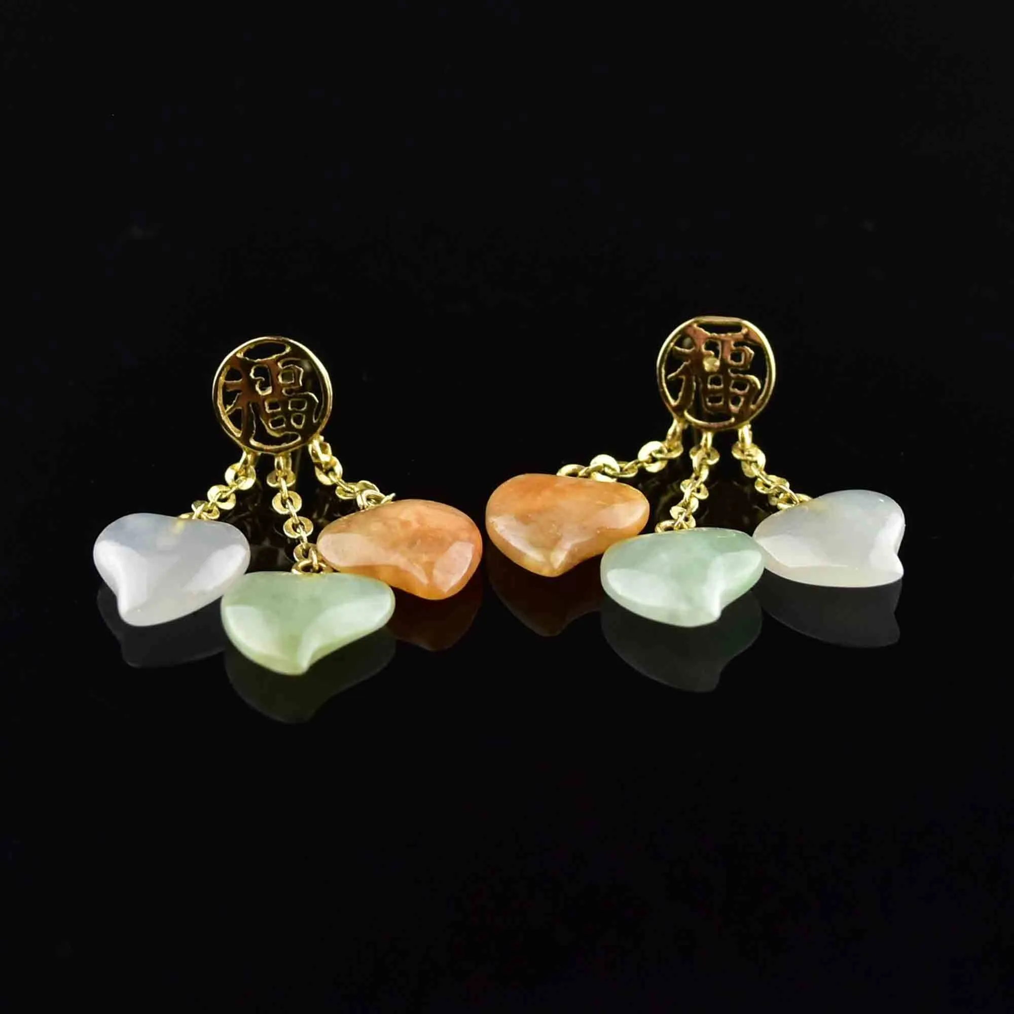 14K Gold Natural Jade Witches Heart Dangle Earrings