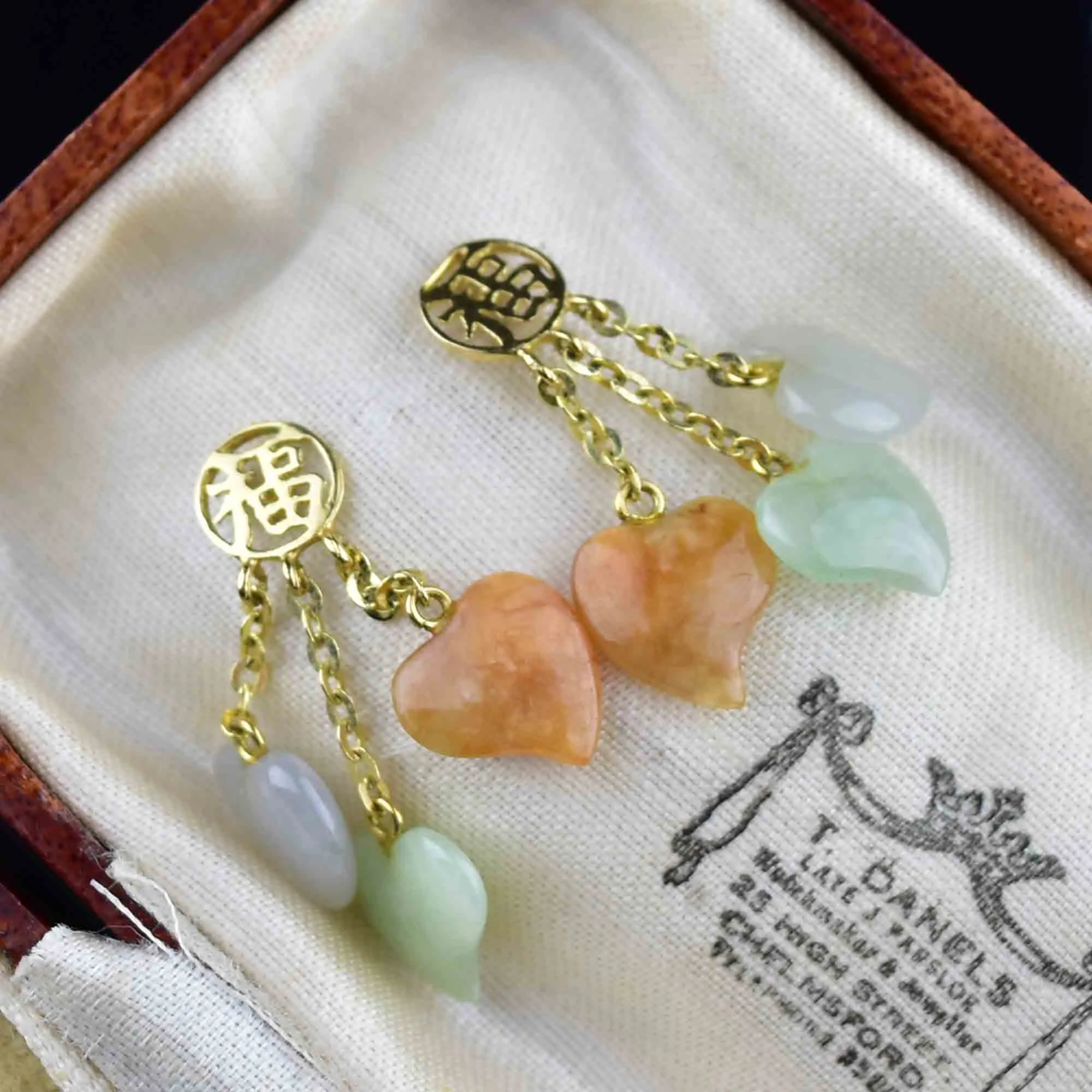 14K Gold Natural Jade Witches Heart Dangle Earrings