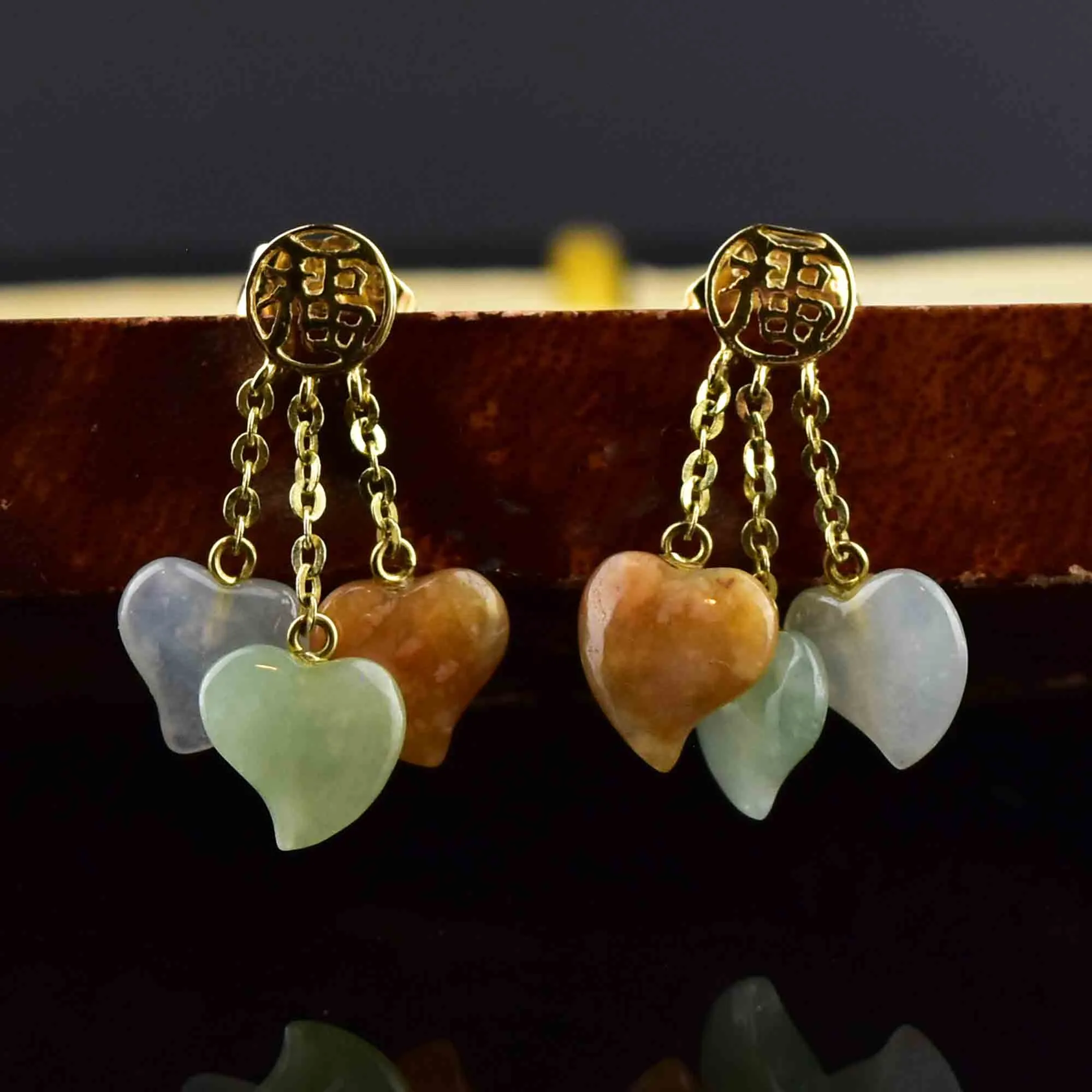 14K Gold Natural Jade Witches Heart Dangle Earrings