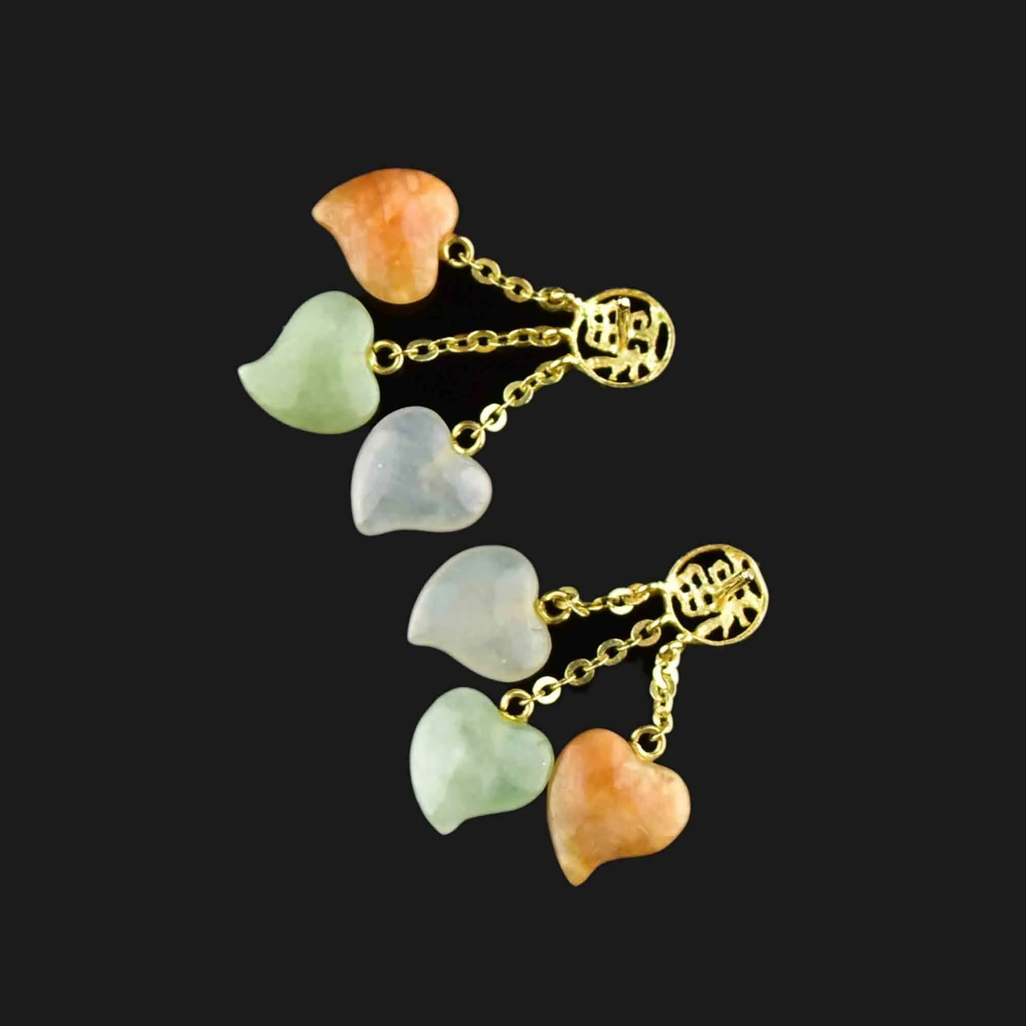 14K Gold Natural Jade Witches Heart Dangle Earrings