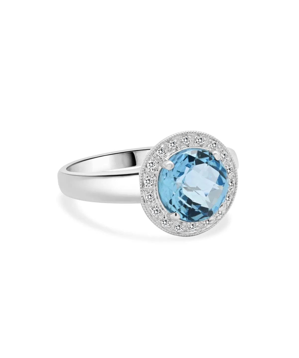 14K White Gold Checkerboard Cut Blue Topaz and Diamond Halo Ring