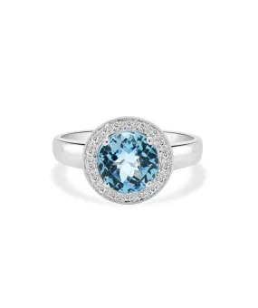 14K White Gold Checkerboard Cut Blue Topaz and Diamond Halo Ring