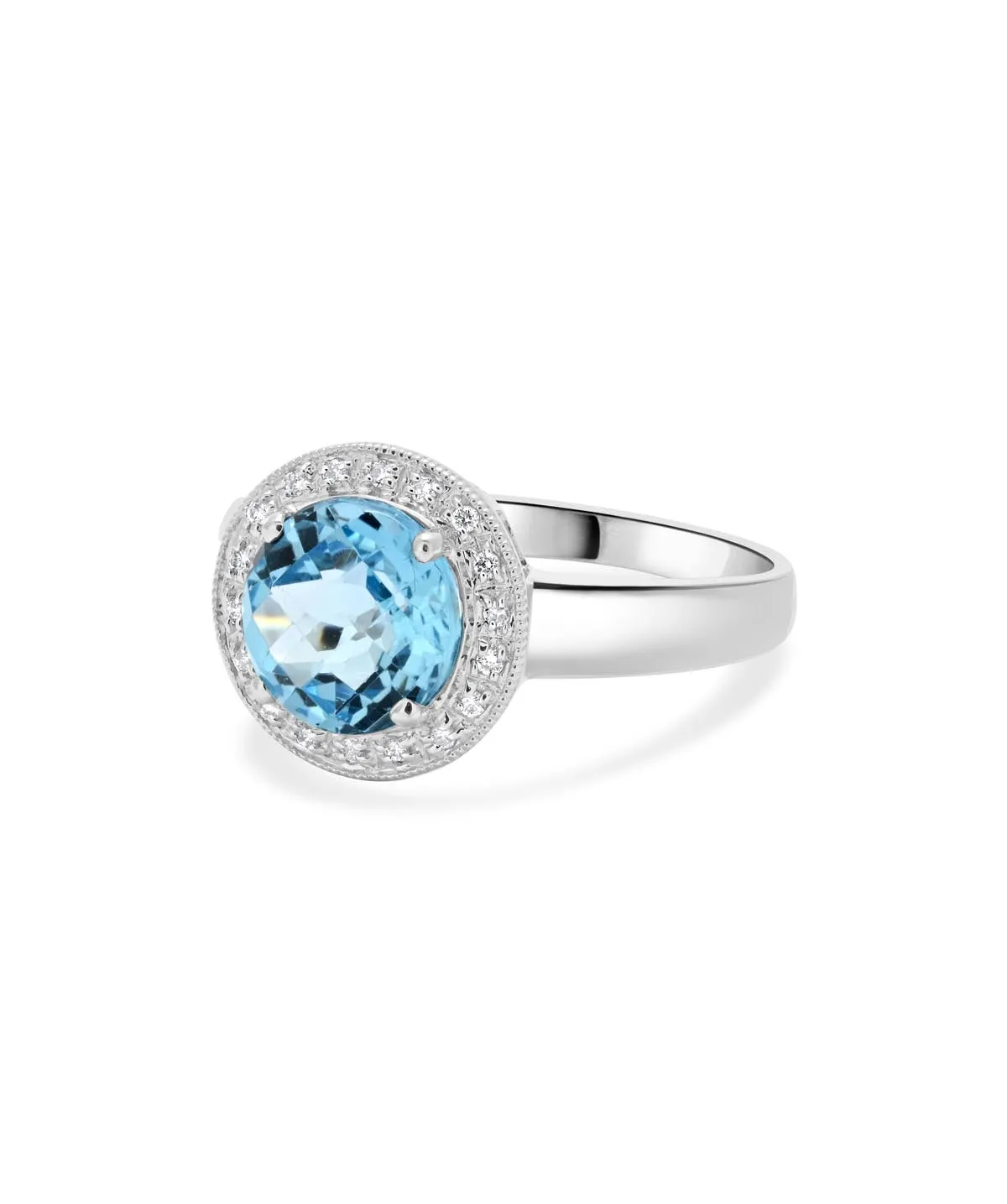 14K White Gold Checkerboard Cut Blue Topaz and Diamond Halo Ring