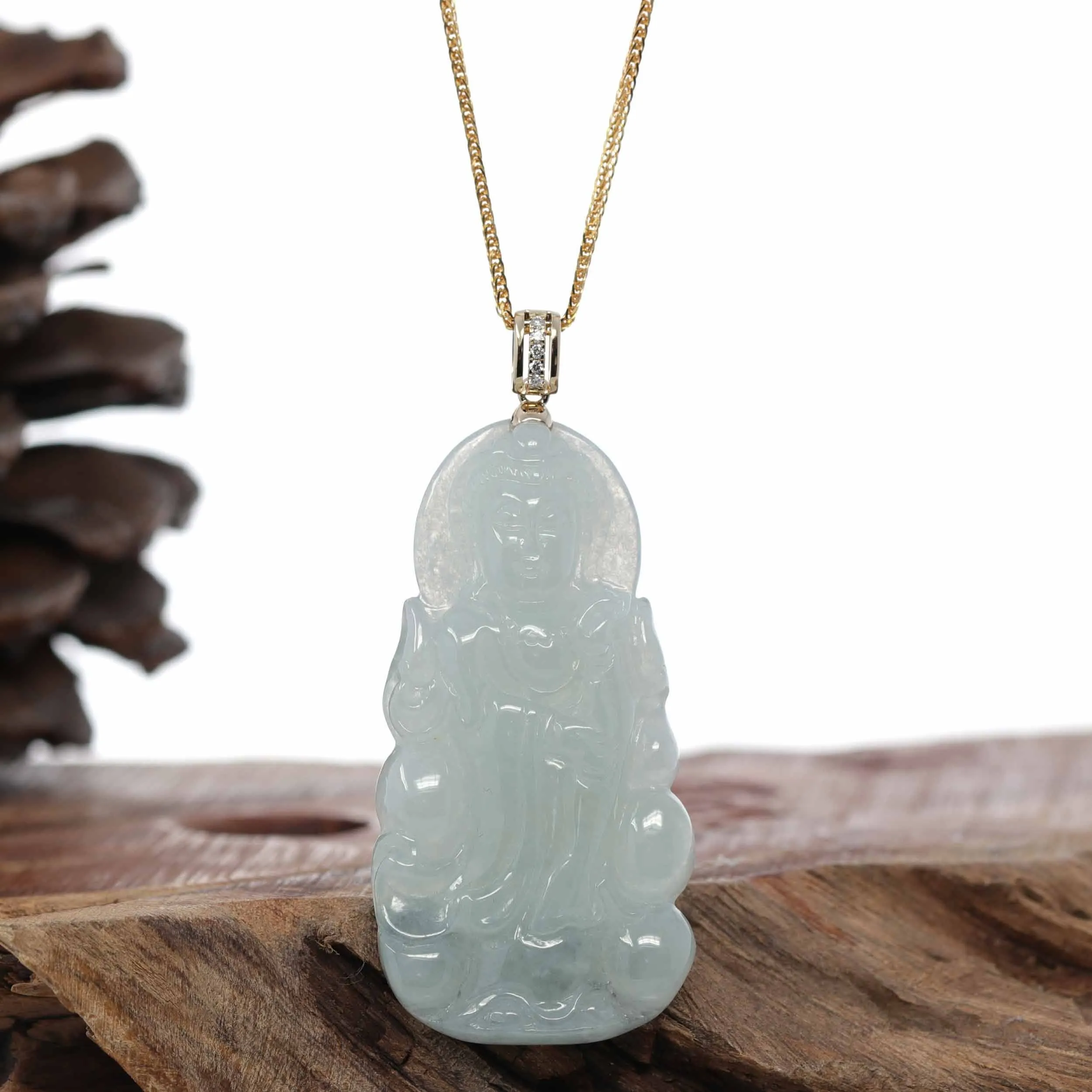 14k Yellow Gold "Goddess of Compassion" Genuine Ice Burmese Jadeite Jade Guanyin Necklace With Gold Bail