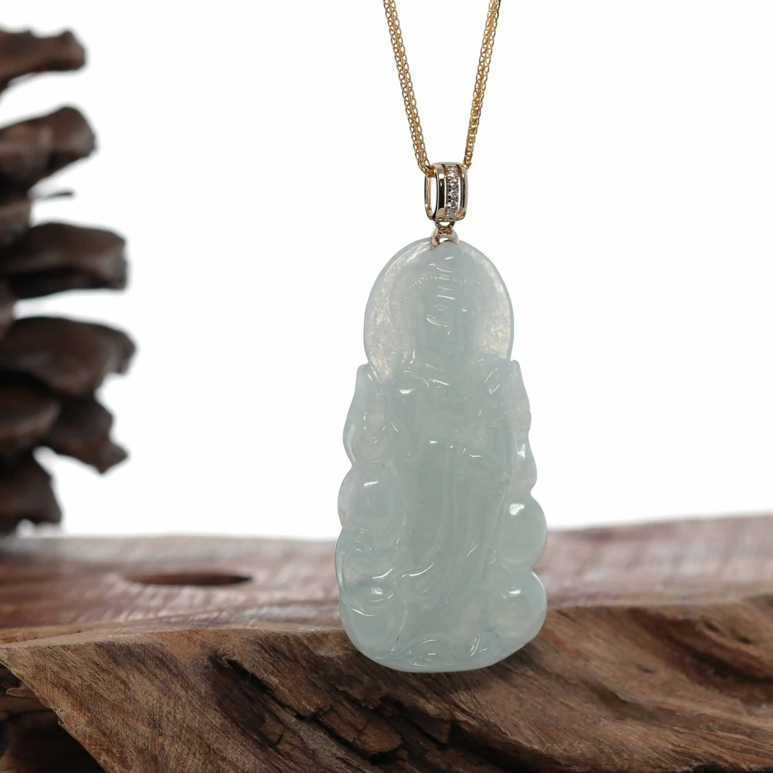 14k Yellow Gold "Goddess of Compassion" Genuine Ice Burmese Jadeite Jade Guanyin Necklace With Gold Bail