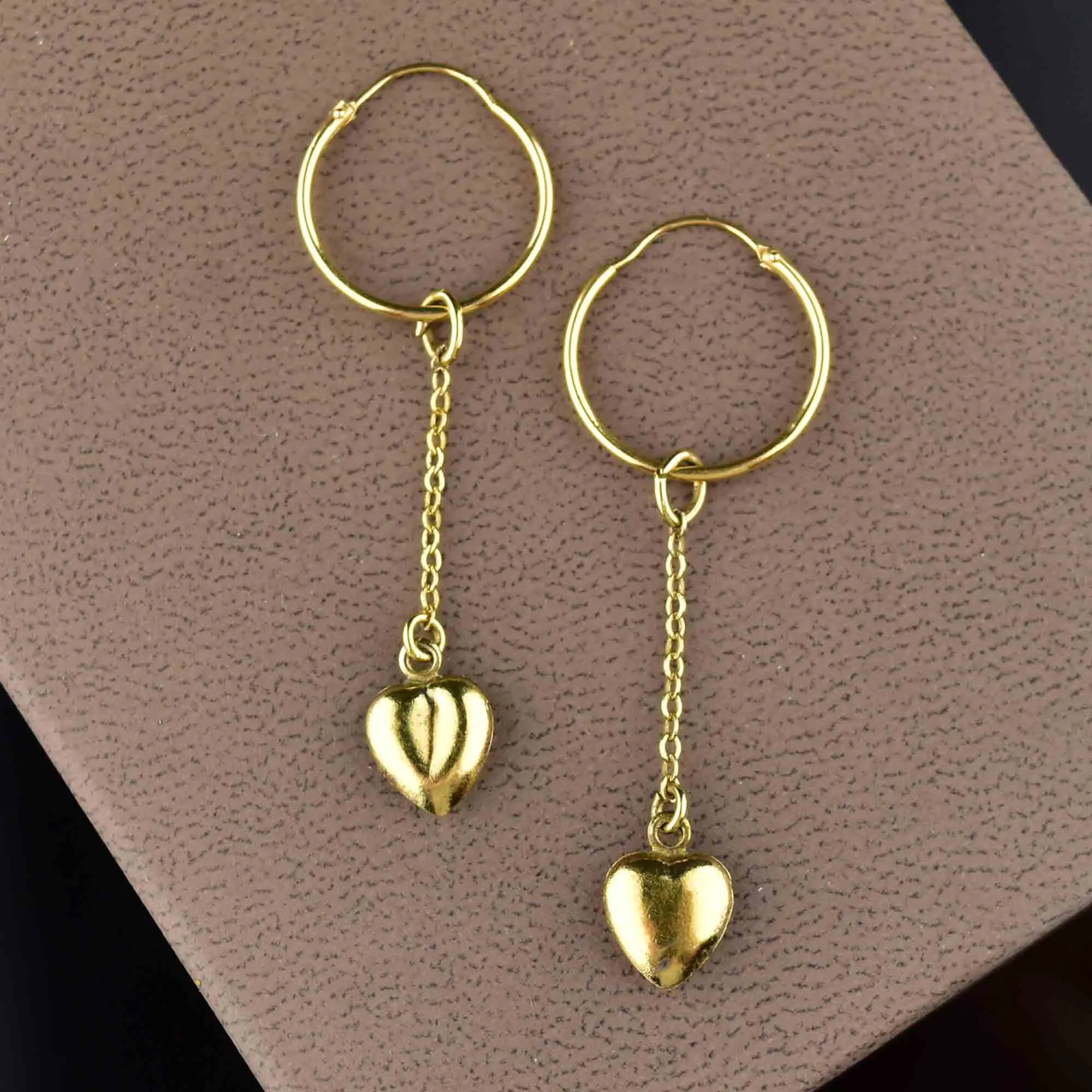 18K Gold Puffy Heart Chain Hoop Earrings