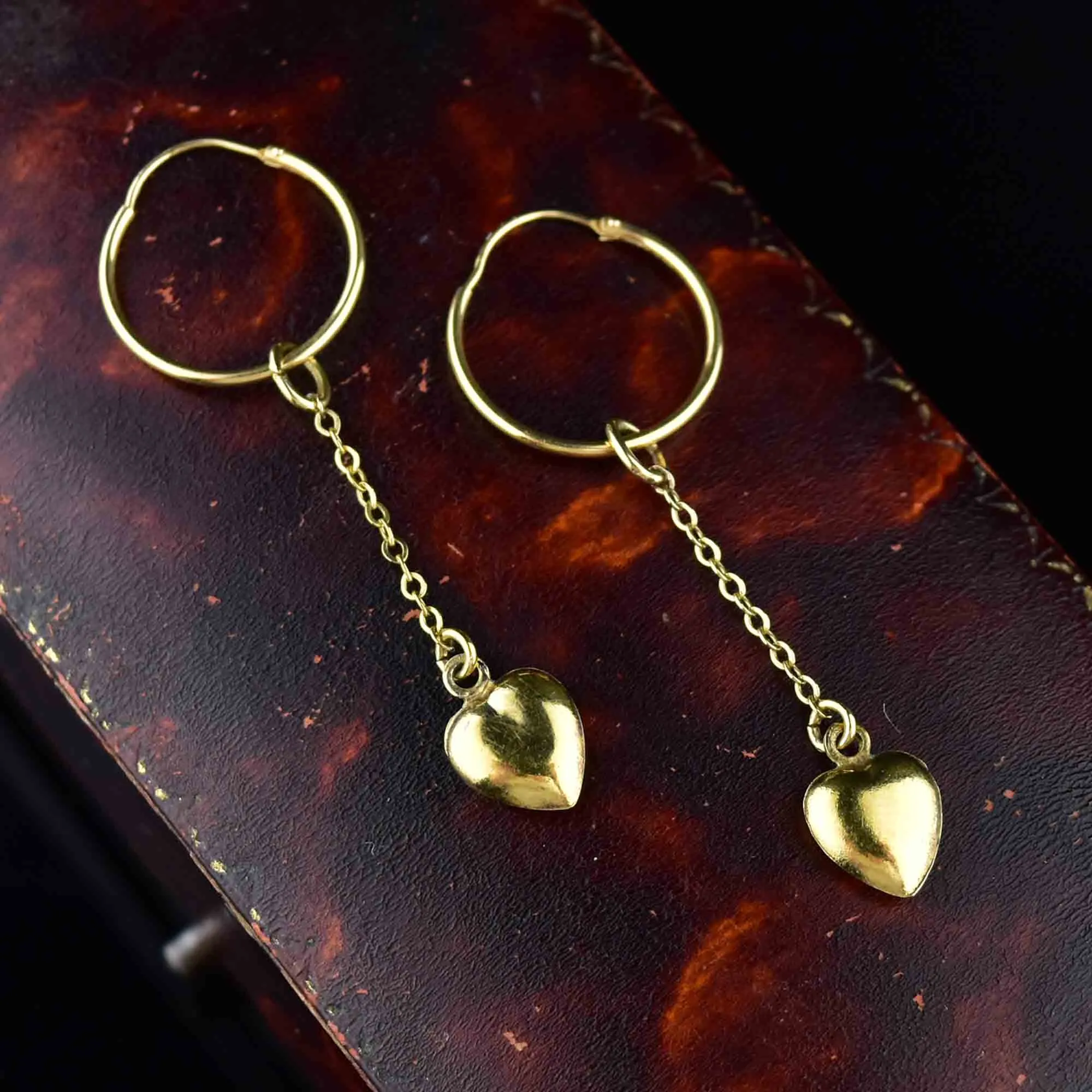 18K Gold Puffy Heart Chain Hoop Earrings