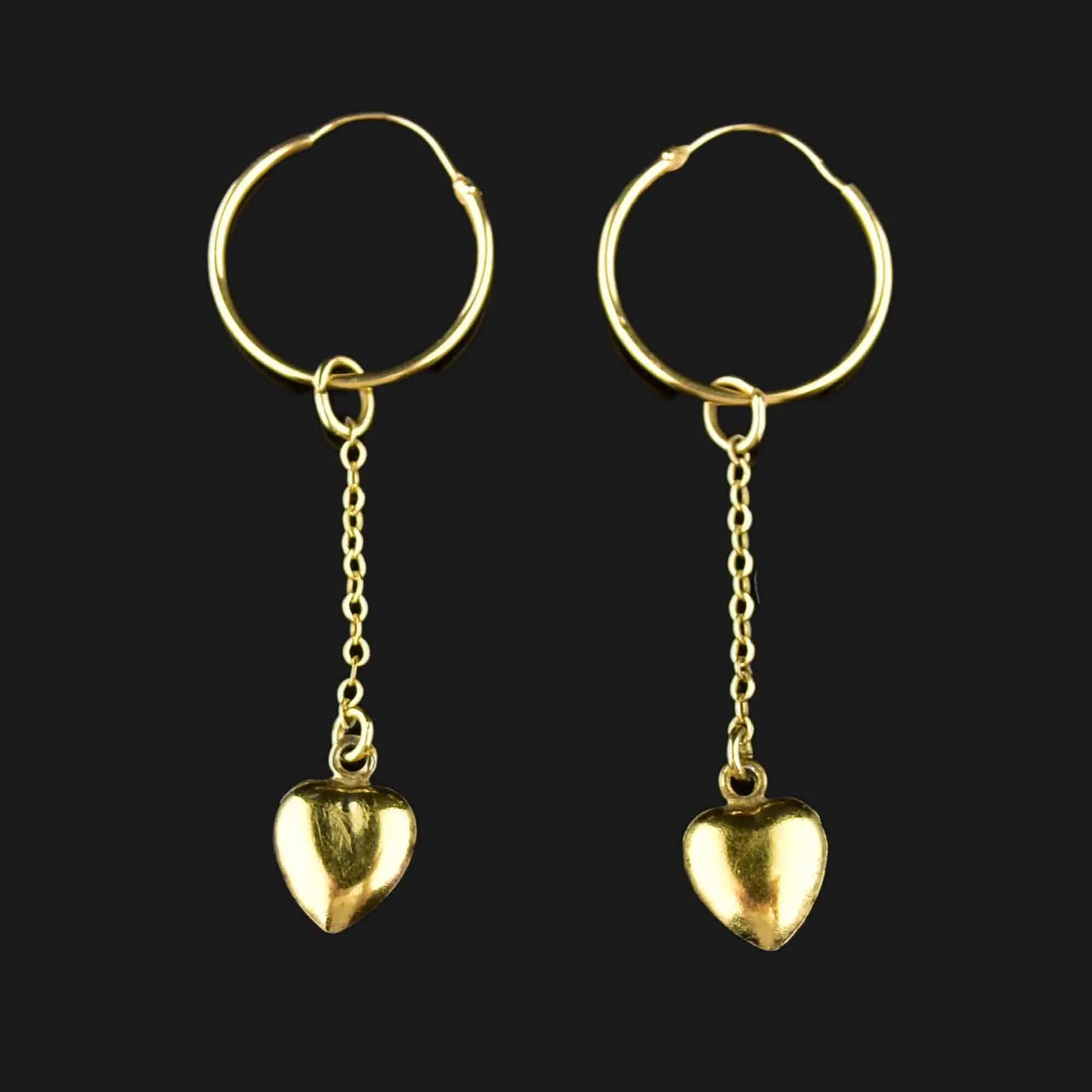 18K Gold Puffy Heart Chain Hoop Earrings