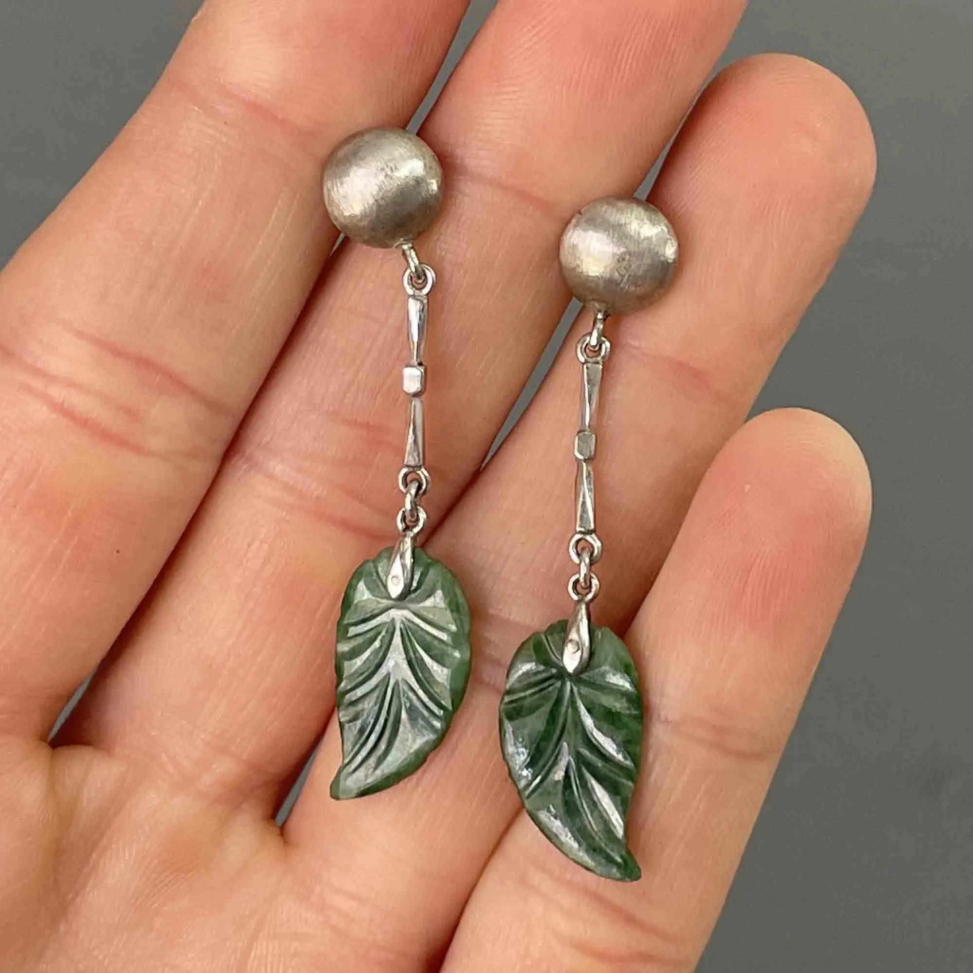 18K White Gold Carved Jade Leaf Chandelier Earrings