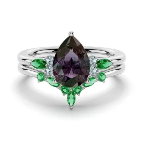 2 CT. Pear Shaped Alexandrite Engagement Ring Set With Emerald Accents