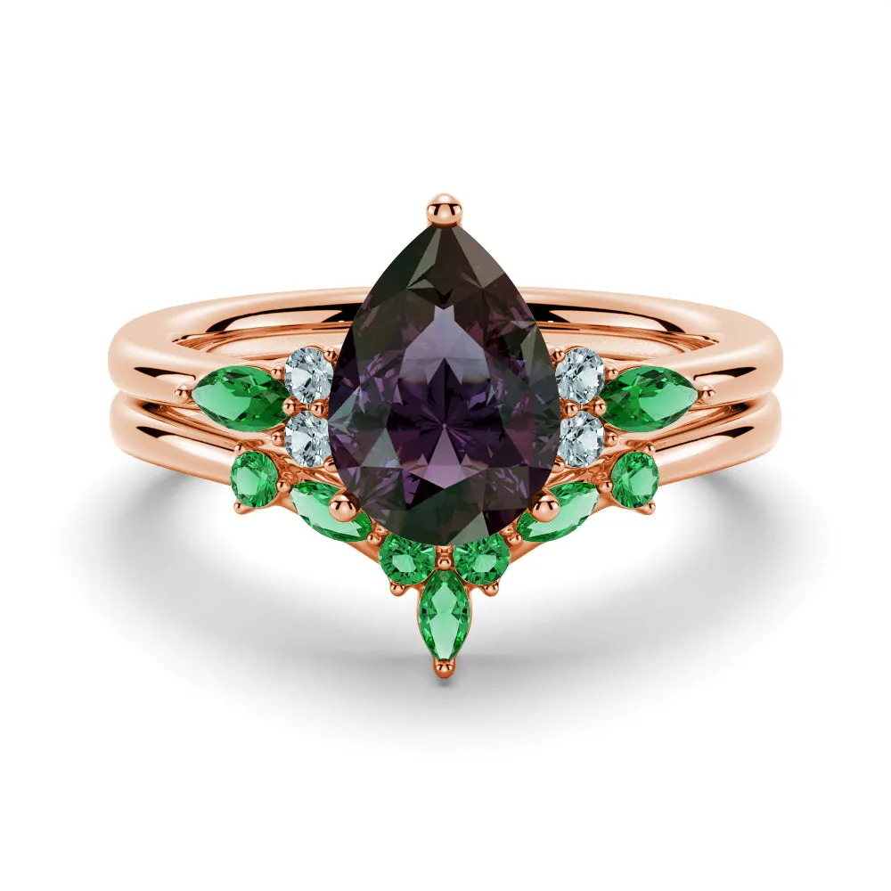 2 CT. Pear Shaped Alexandrite Engagement Ring Set With Emerald Accents