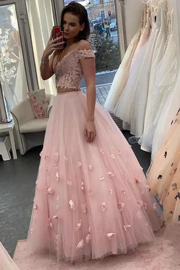 3D Floral Junior Off the Shoulder Prom Dresses Lace Two Piece Pink Lace Prom Gowns