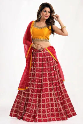 50Y059-RO Yellow and Red Dupion Silk Embroidered Lehenga with Net Dupatta