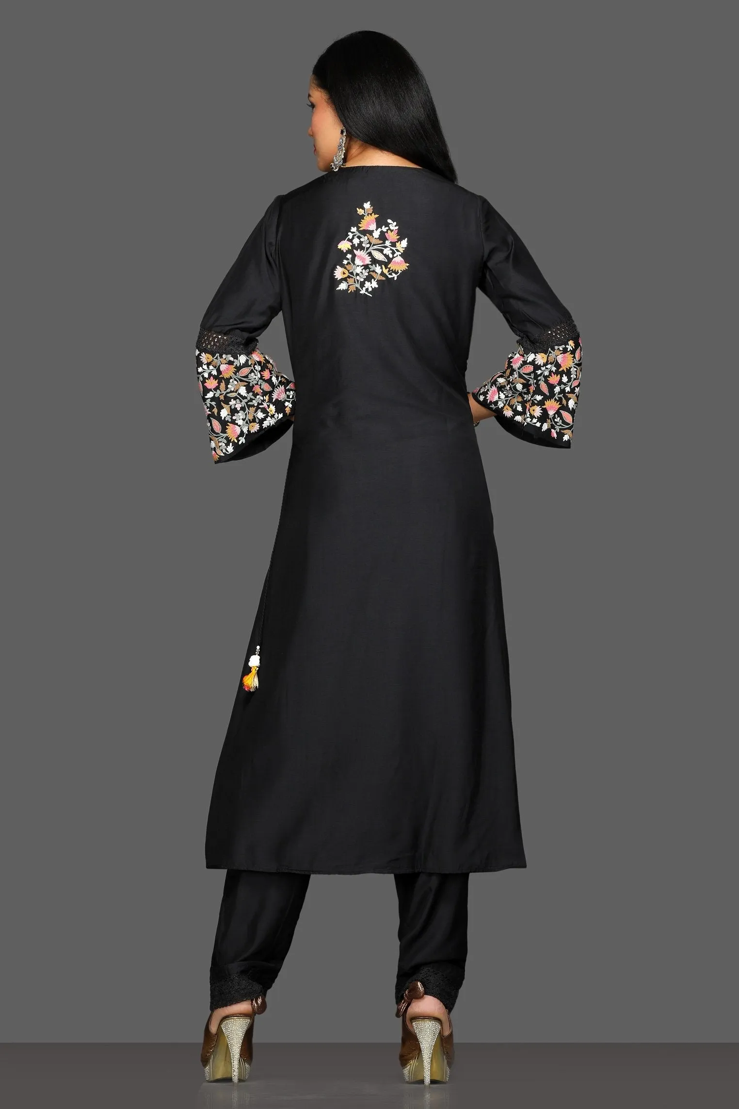 50Z095-RO Black Embroidered Bell Sleeves Suit with Pants