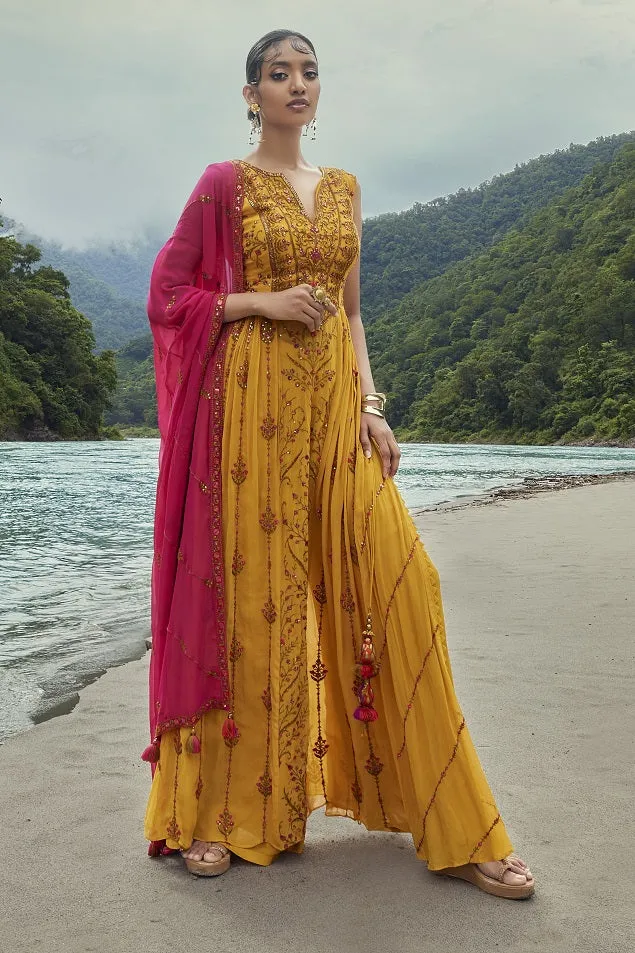 50Z835-RO Yellow Embroidered Sharara Suit with  Red Dupatta