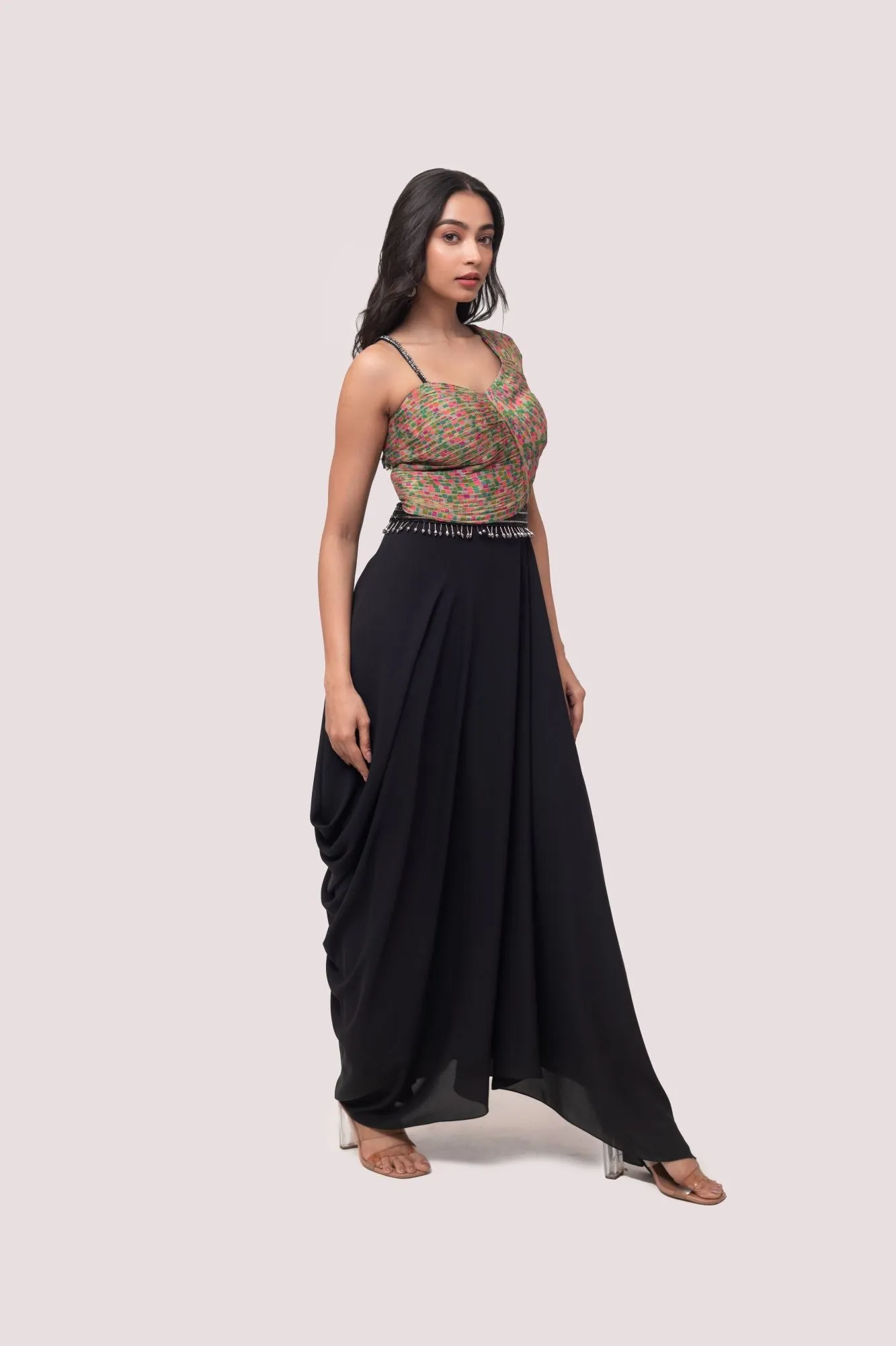 50Z955-RO Multicolor Georgette Top with Black Asymmetric Skirt