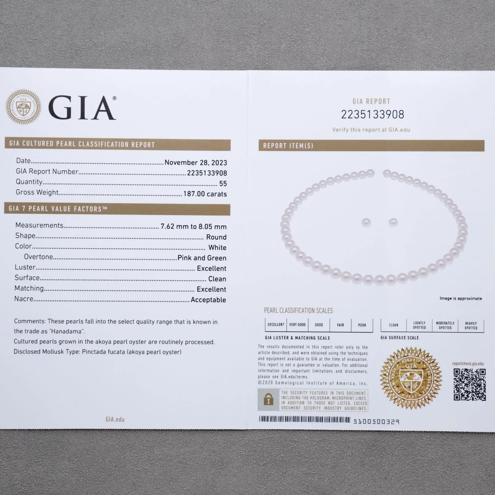 7.62-8.05 mm GIA Certified Hanadama Akoya Pearl Necklace & Earrings Set