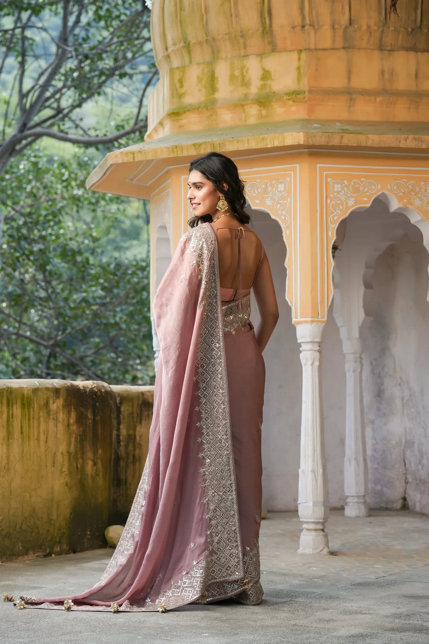 90Z767-RO Dusty Pink Embroidered Tussar Georgette Sari with Blouse