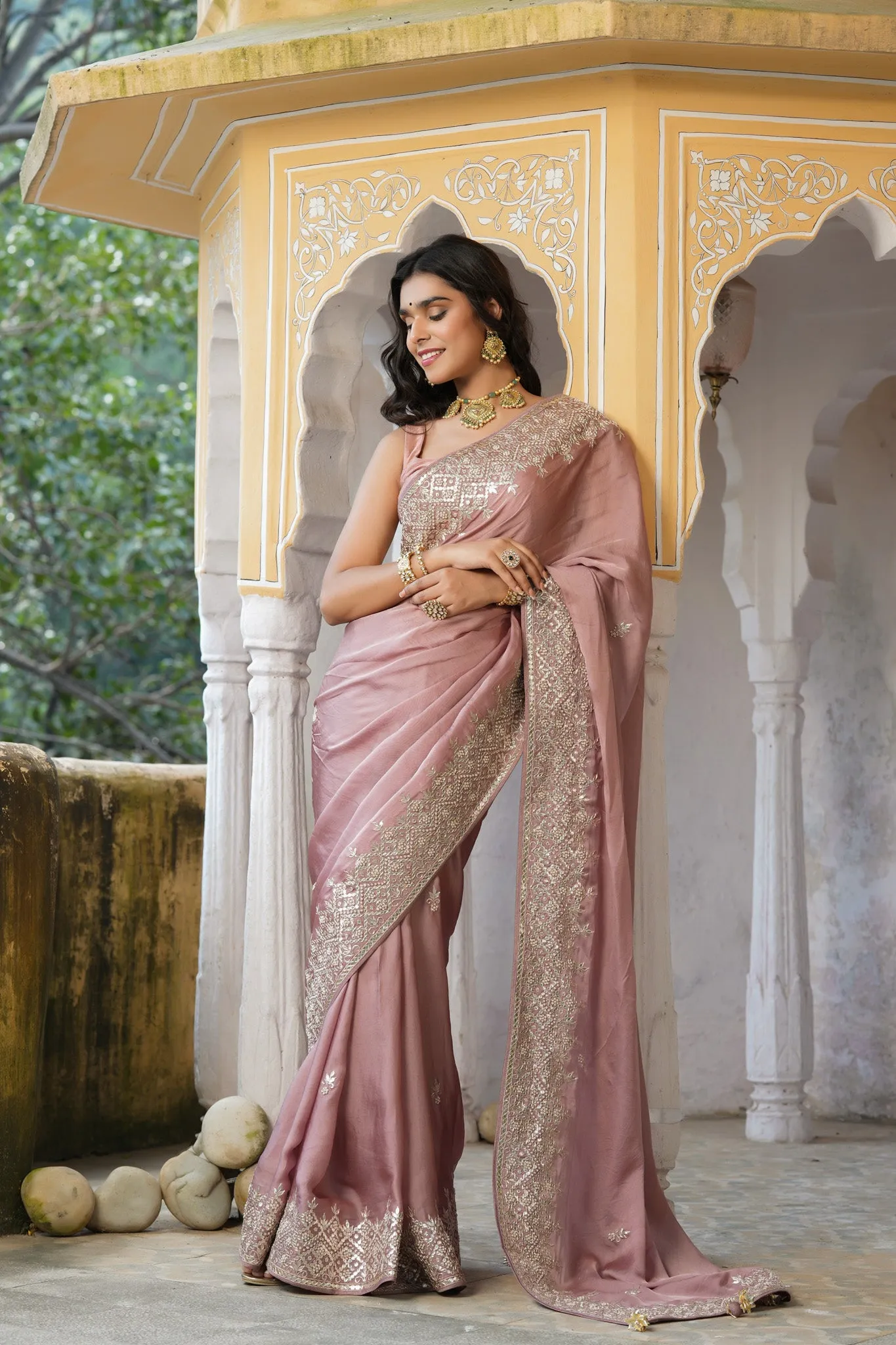 90Z767-RO Dusty Pink Embroidered Tussar Georgette Sari with Blouse