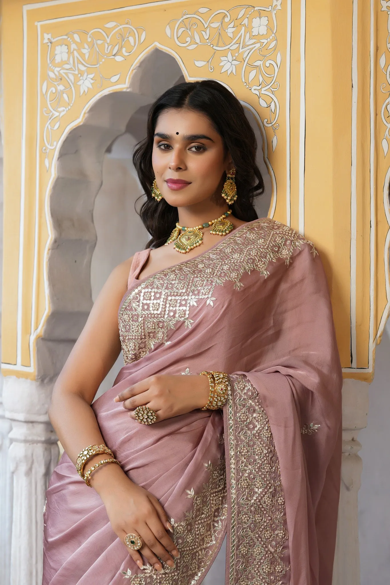 90Z767-RO Dusty Pink Embroidered Tussar Georgette Sari with Blouse