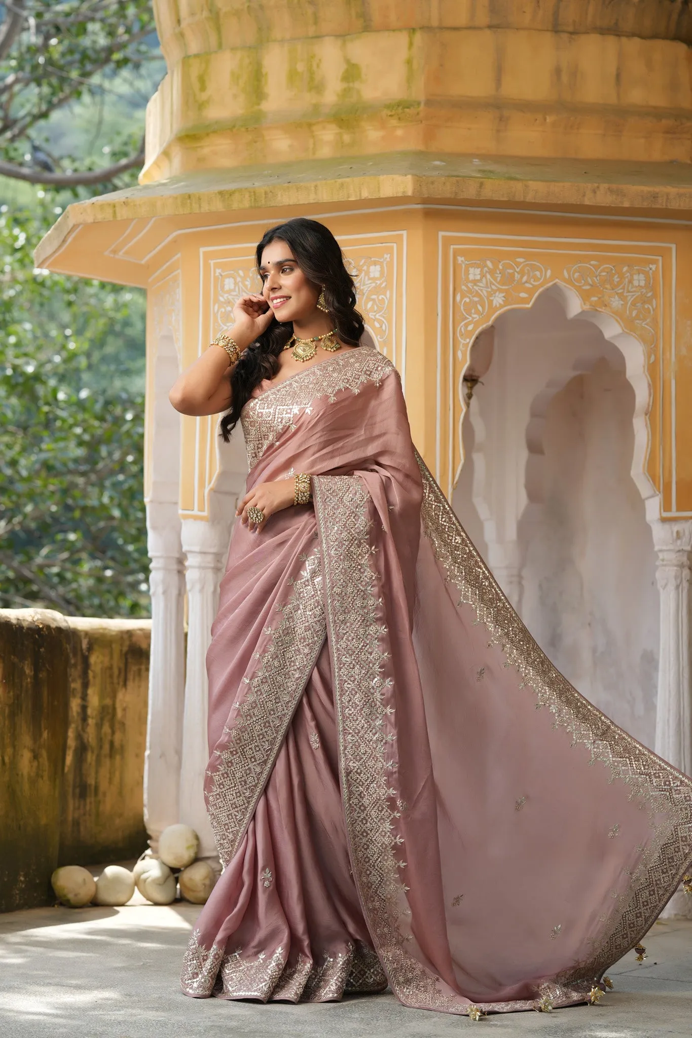 90Z767-RO Dusty Pink Embroidered Tussar Georgette Sari with Blouse