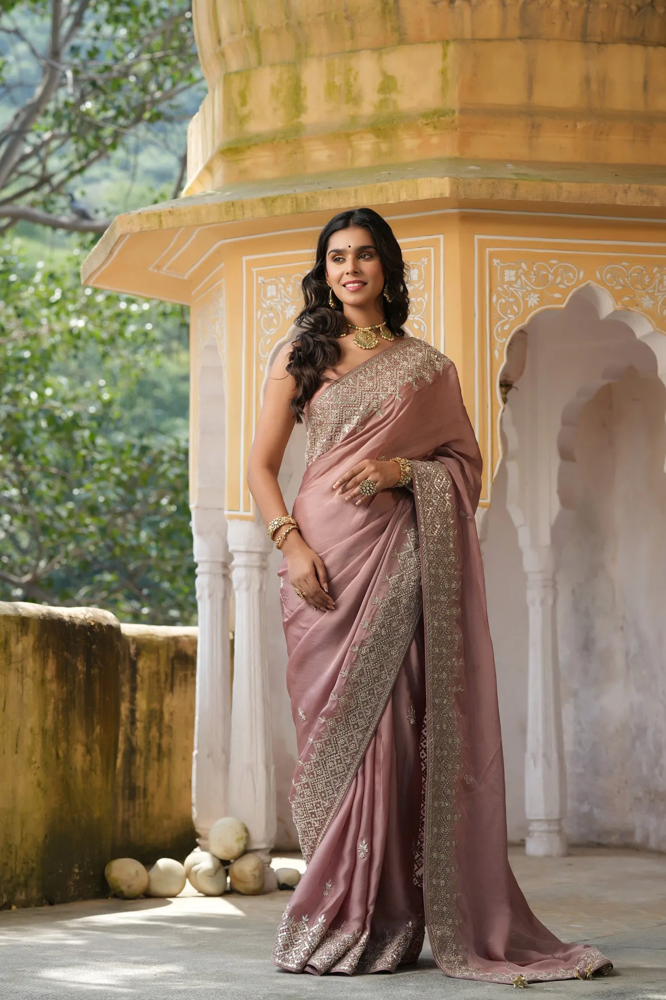 90Z767-RO Dusty Pink Embroidered Tussar Georgette Sari with Blouse