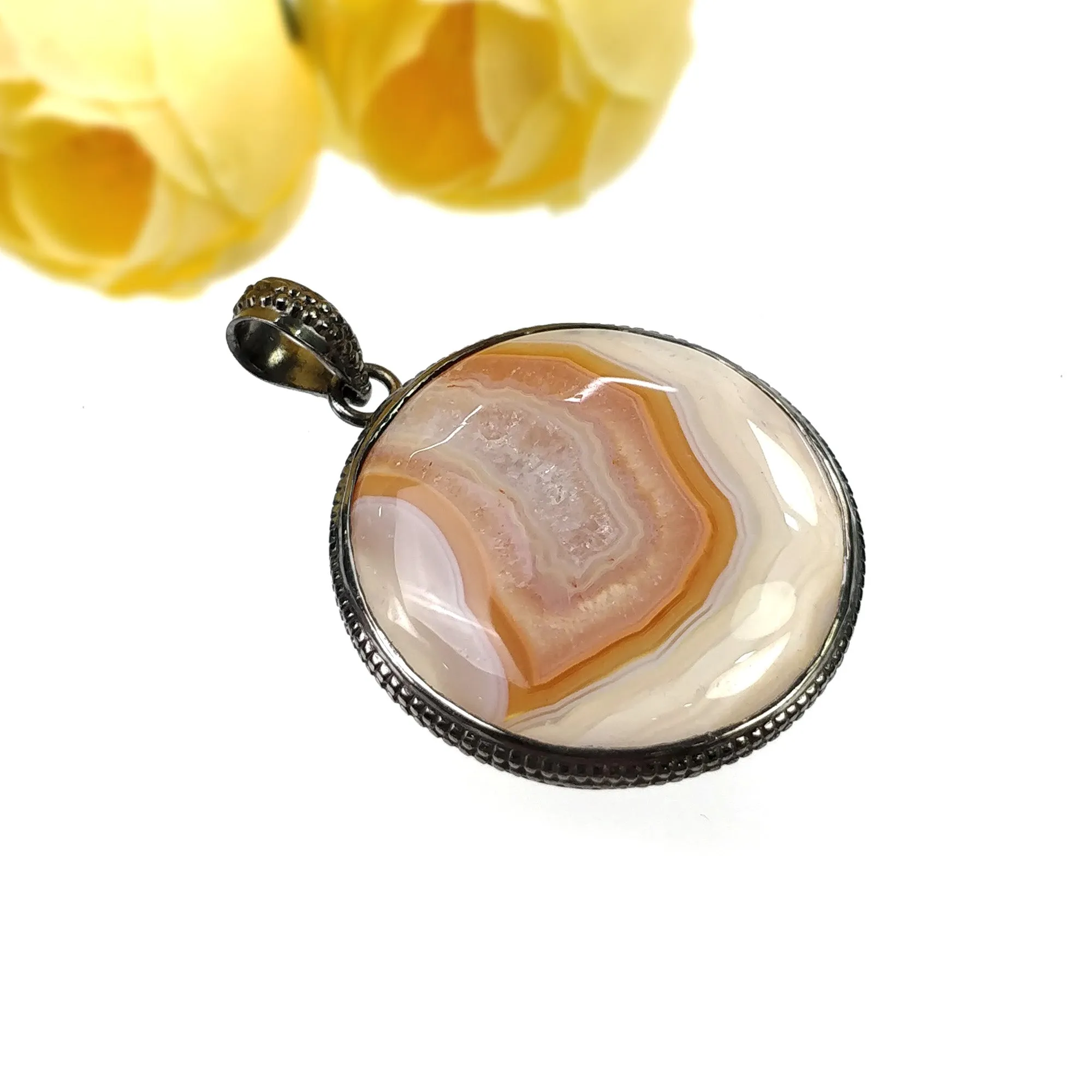 925 Sterling Silver PENDANT : 15.70gms Natural BOTSWANA AGATE Gemstone Round Victorian Silver Bezel Set Pendant 1.9"