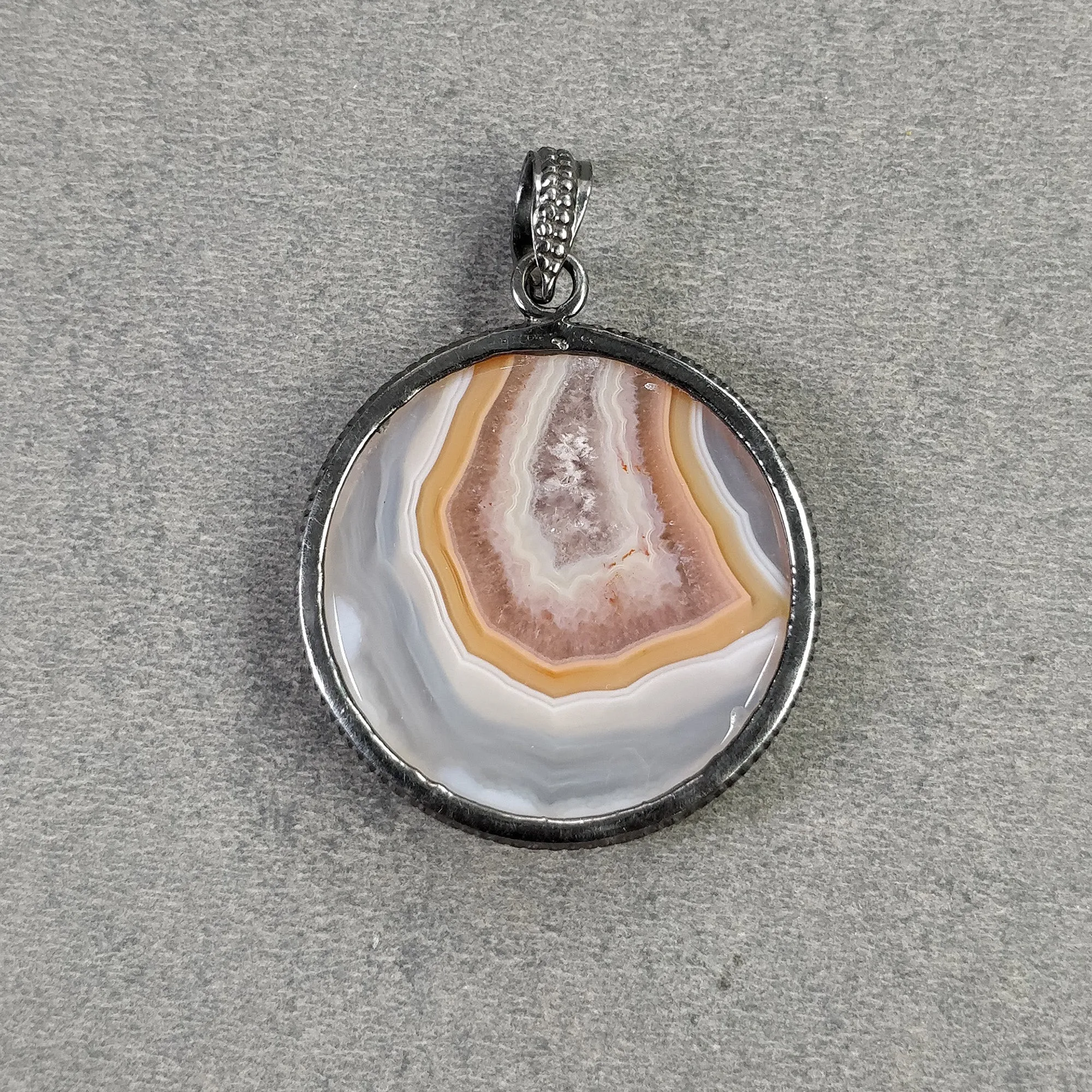 925 Sterling Silver PENDANT : 15.70gms Natural BOTSWANA AGATE Gemstone Round Victorian Silver Bezel Set Pendant 1.9"