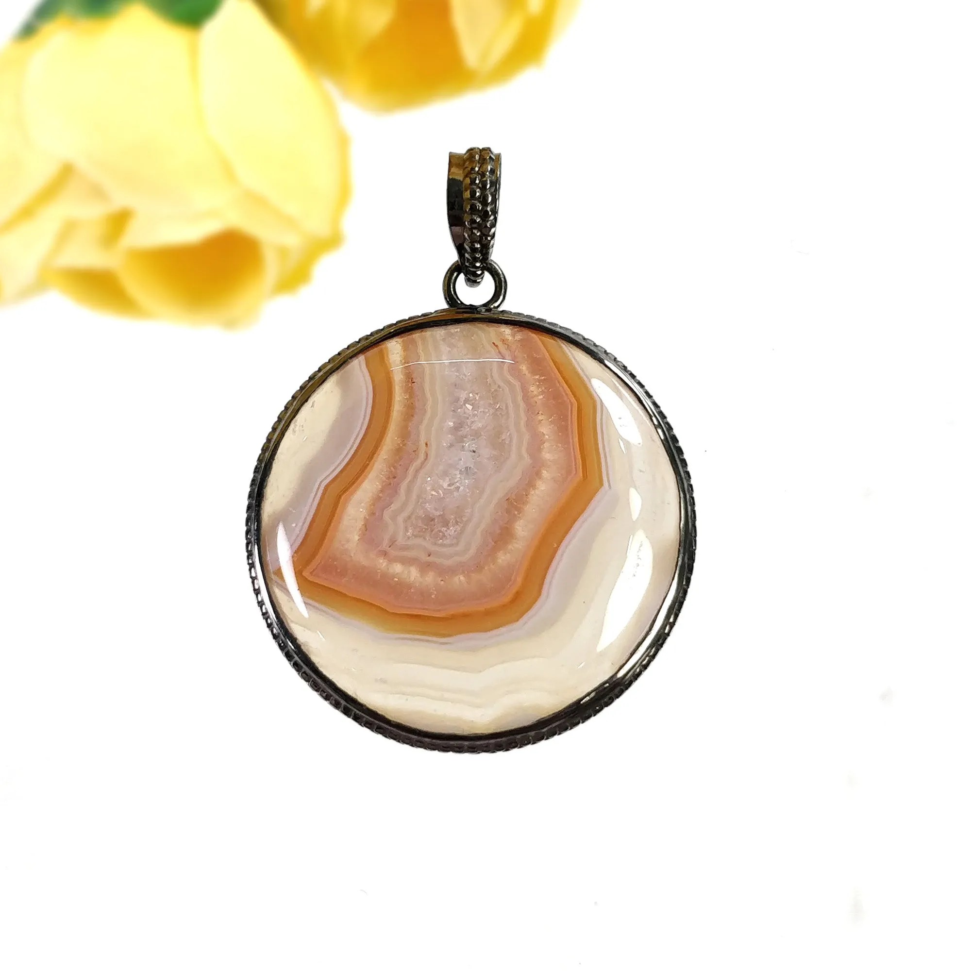 925 Sterling Silver PENDANT : 15.70gms Natural BOTSWANA AGATE Gemstone Round Victorian Silver Bezel Set Pendant 1.9"