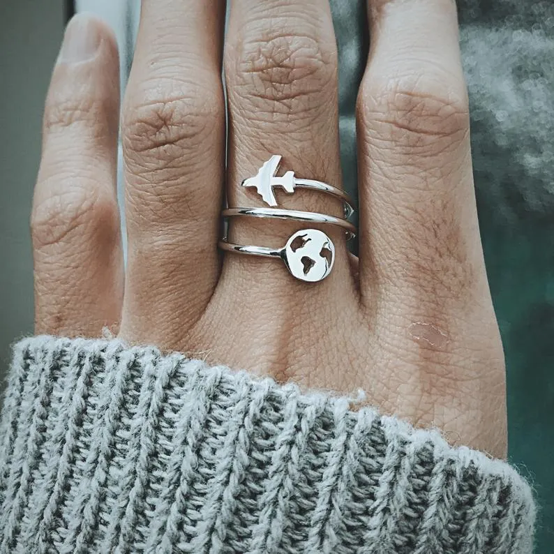 925 Sterling Silver World Map Ring with Airplane Travel Ring World Ring Travel Gifts For Women Adventure Ring Gift