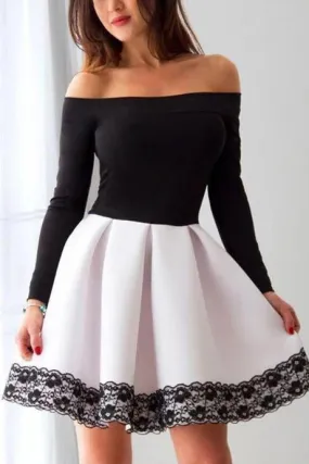 A Line Black and White Off the Shoulder Long Sleeve Short Homecoming Dresses with Lace