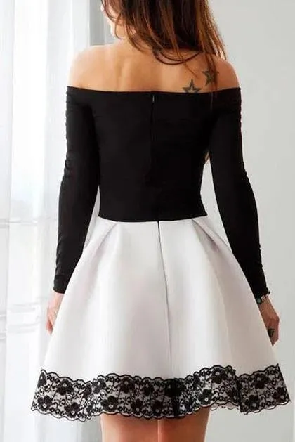 A Line Black and White Off the Shoulder Long Sleeve Short Homecoming Dresses with Lace