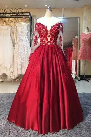 A-line Long Sleeves Sweetheart Lace Floor-Length Burgundy Cheap Prom Dresses