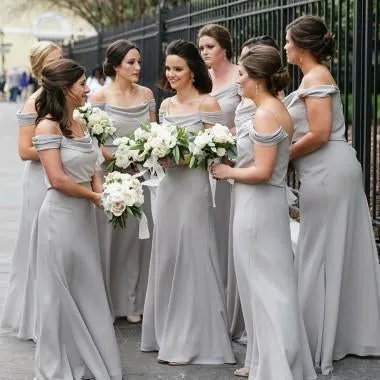 A Line Off the Shoulder Grey Chiffon Cheap Long Prom Dresses Bridesmaid Dresses