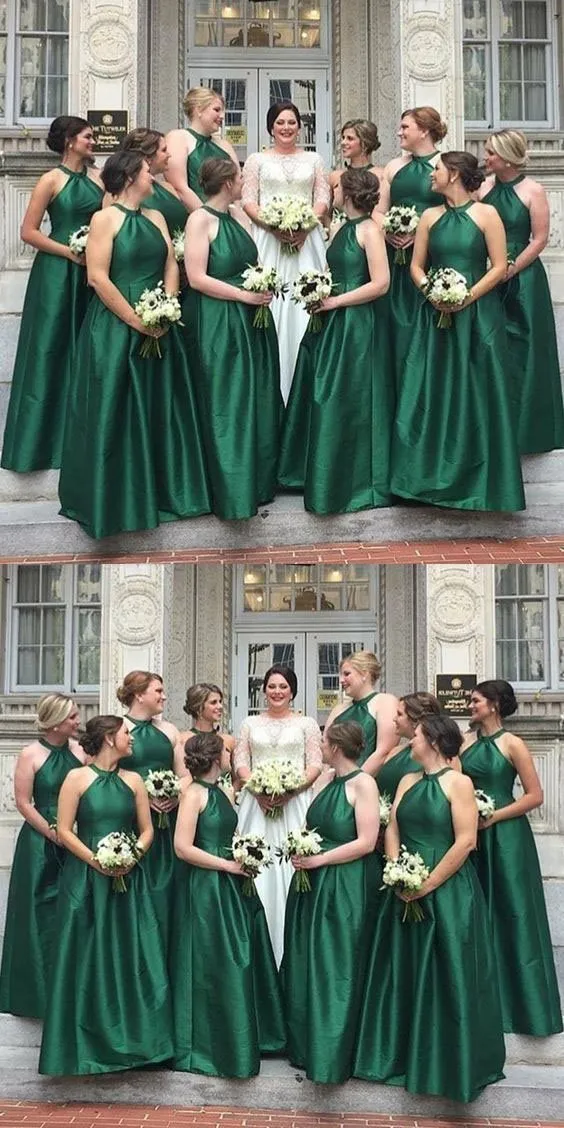 A-Line Round Neck Floor Length Hunter Green Satin Bridesmaid Dress Long Prom Dresses