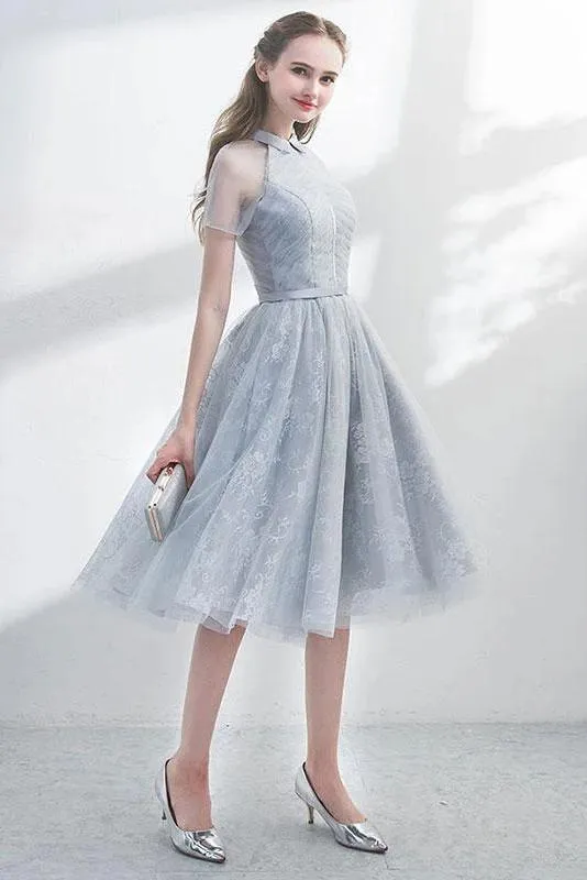 A Line Short Sleeves Tulle Halter Homecoming Dress with Lace Cute Short Prom Dress