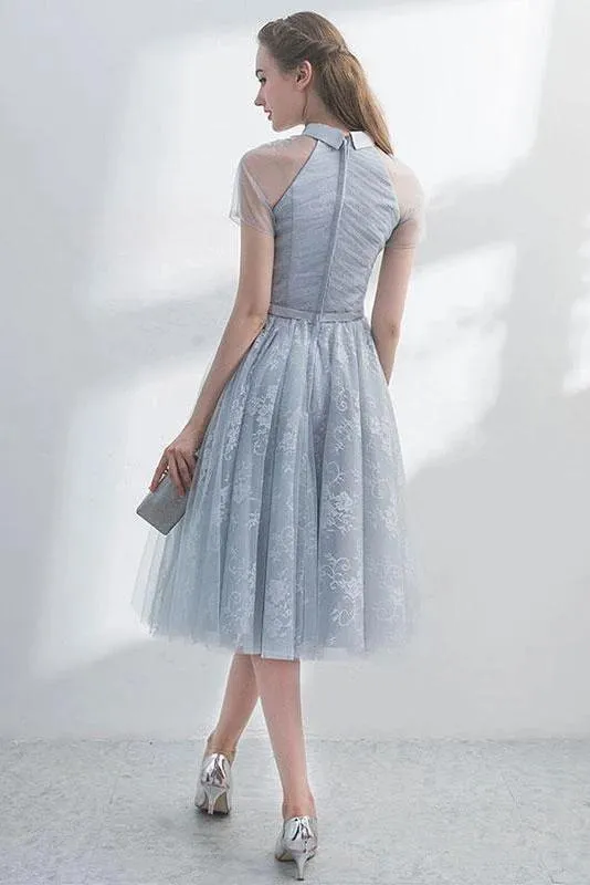 A Line Short Sleeves Tulle Halter Homecoming Dress with Lace Cute Short Prom Dress