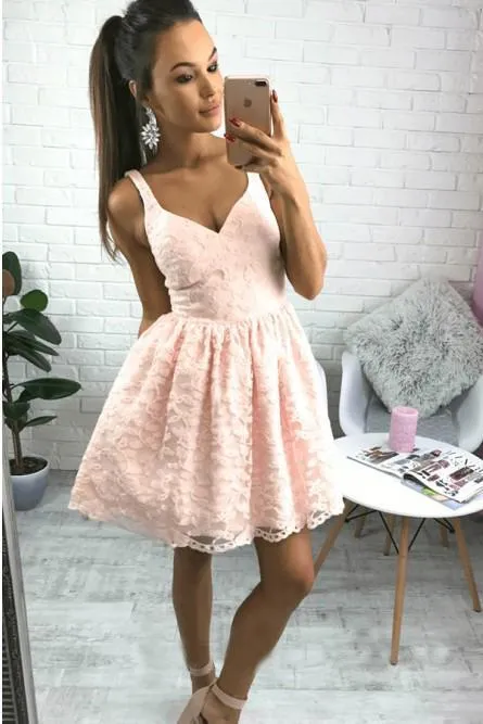 A Line V Neck Short Pearl Pink Lace Appliques Sleeveless Knee Length Homecoming Dress