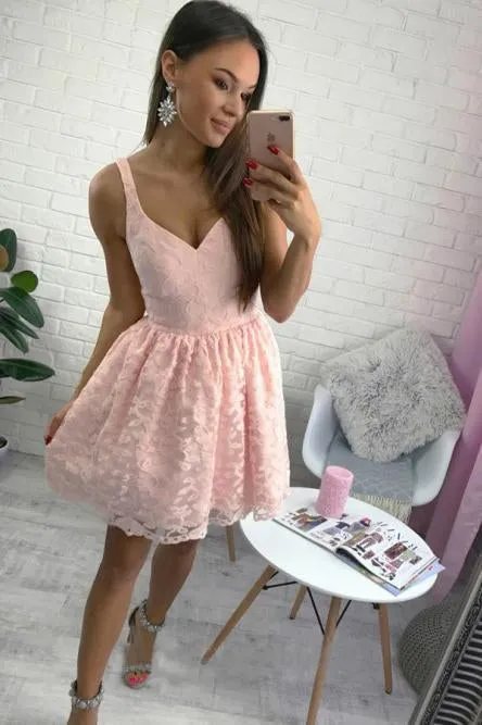 A Line V Neck Short Pearl Pink Lace Appliques Sleeveless Knee Length Homecoming Dress