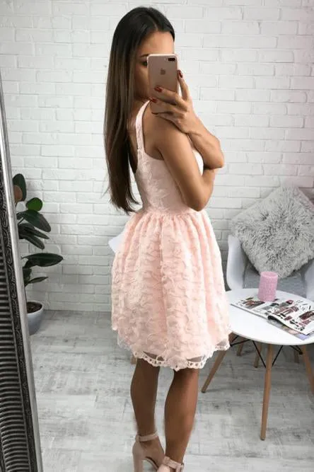 A Line V Neck Short Pearl Pink Lace Appliques Sleeveless Knee Length Homecoming Dress