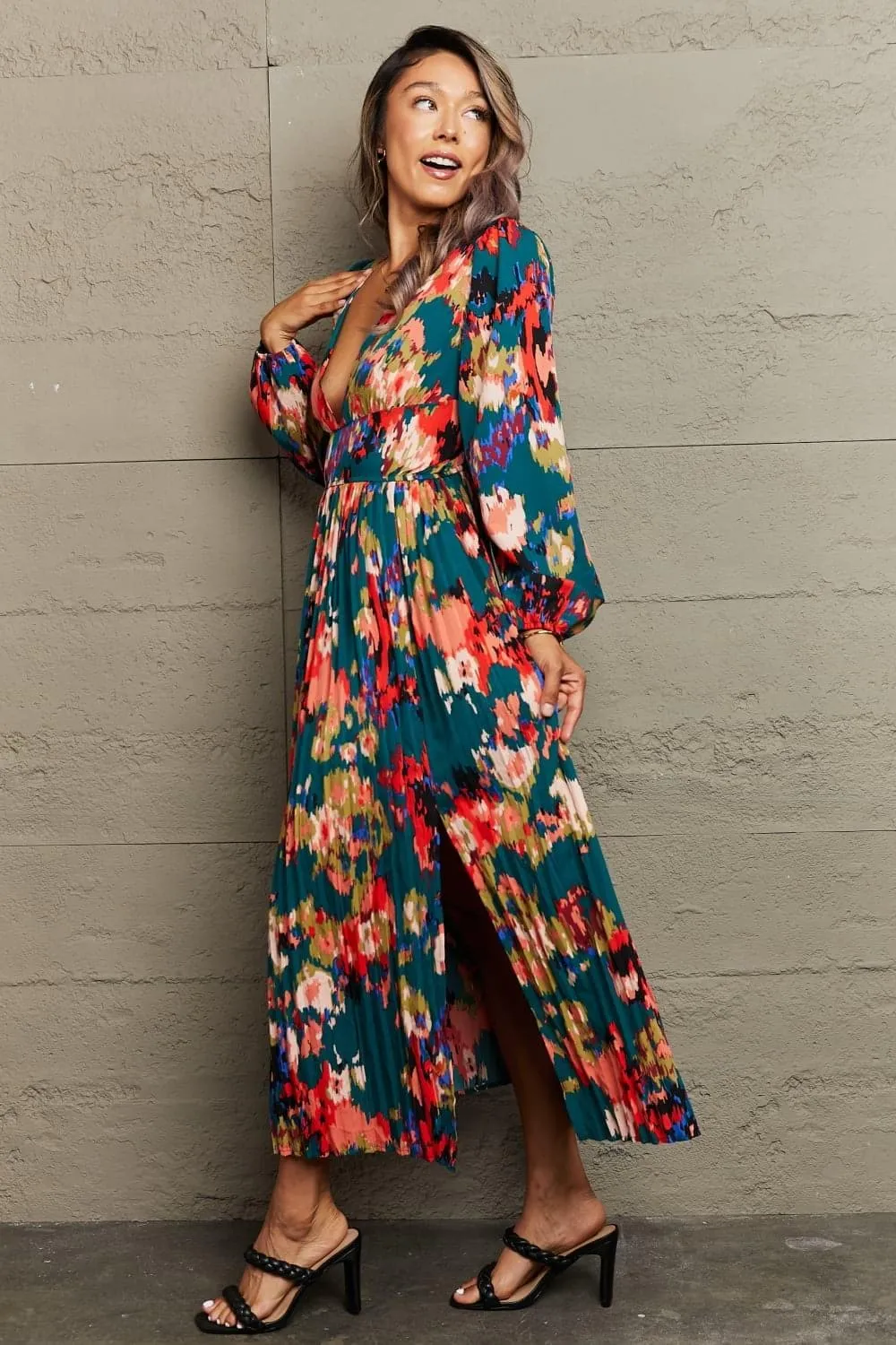 Amelia Printed Deep V Slit Pleated Maxi Dress