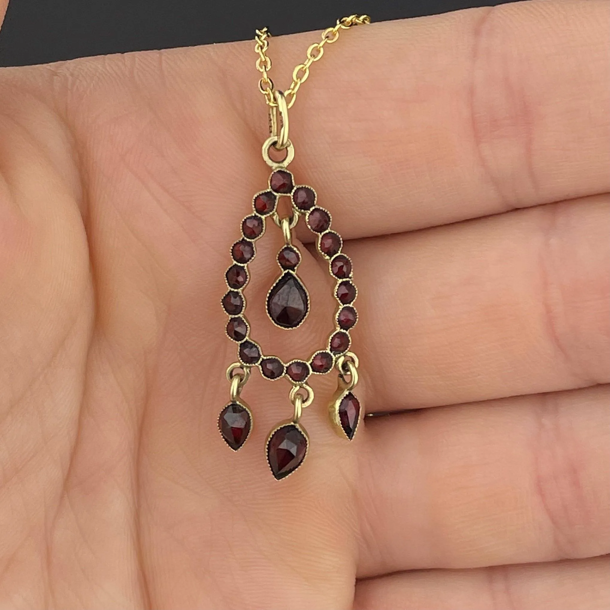 Antique 14K Gold Art Deco Garnet Teardrop Boho Necklace