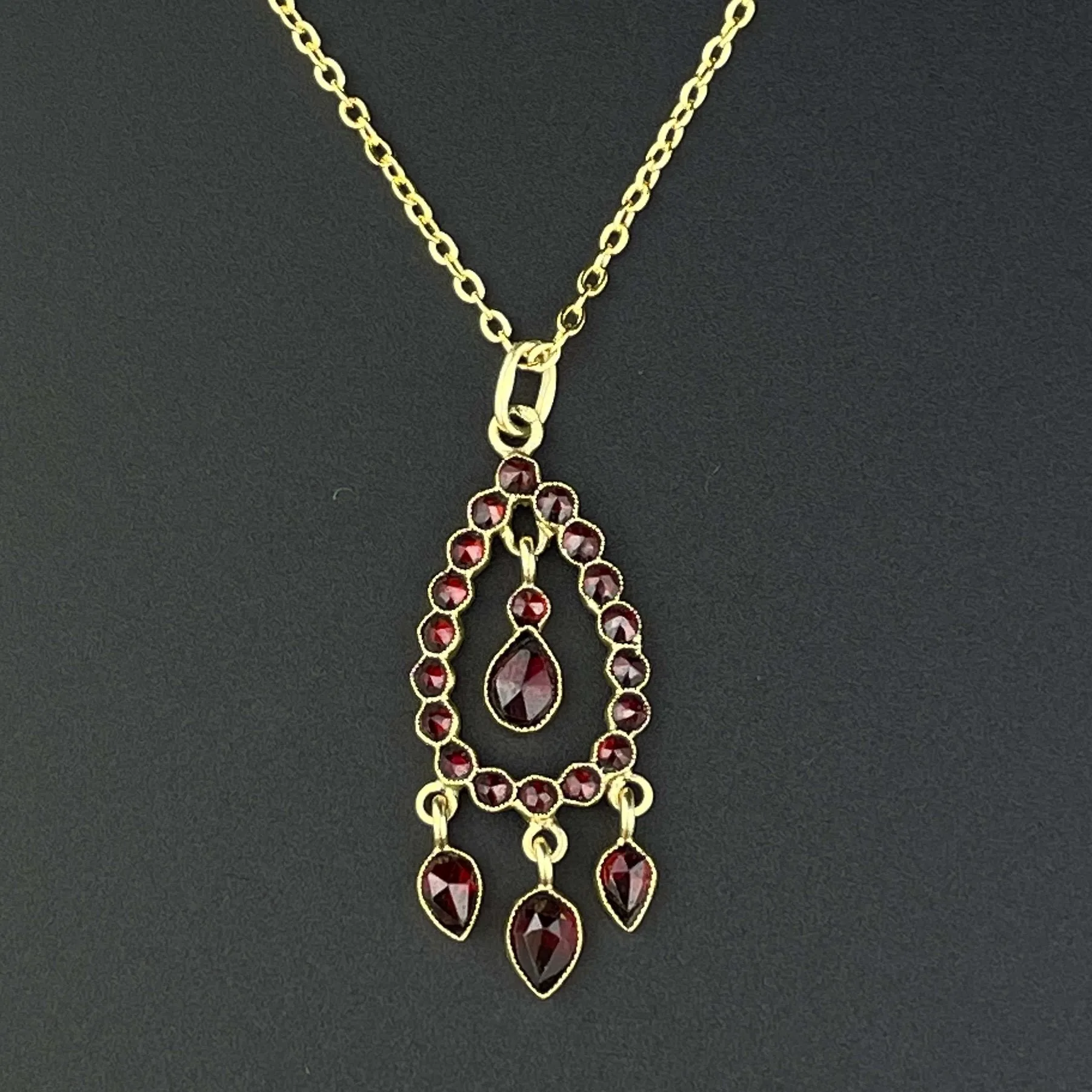 Antique 14K Gold Art Deco Garnet Teardrop Boho Necklace